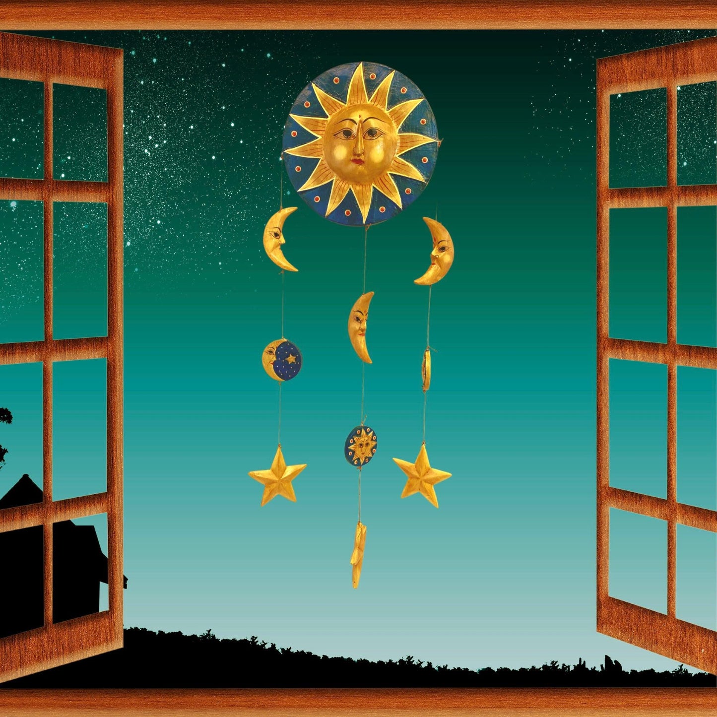 Vintage Style Celestial Mobile, Sun Moon Stars, Hand Carved Painted Wood, Balinese Folk Art