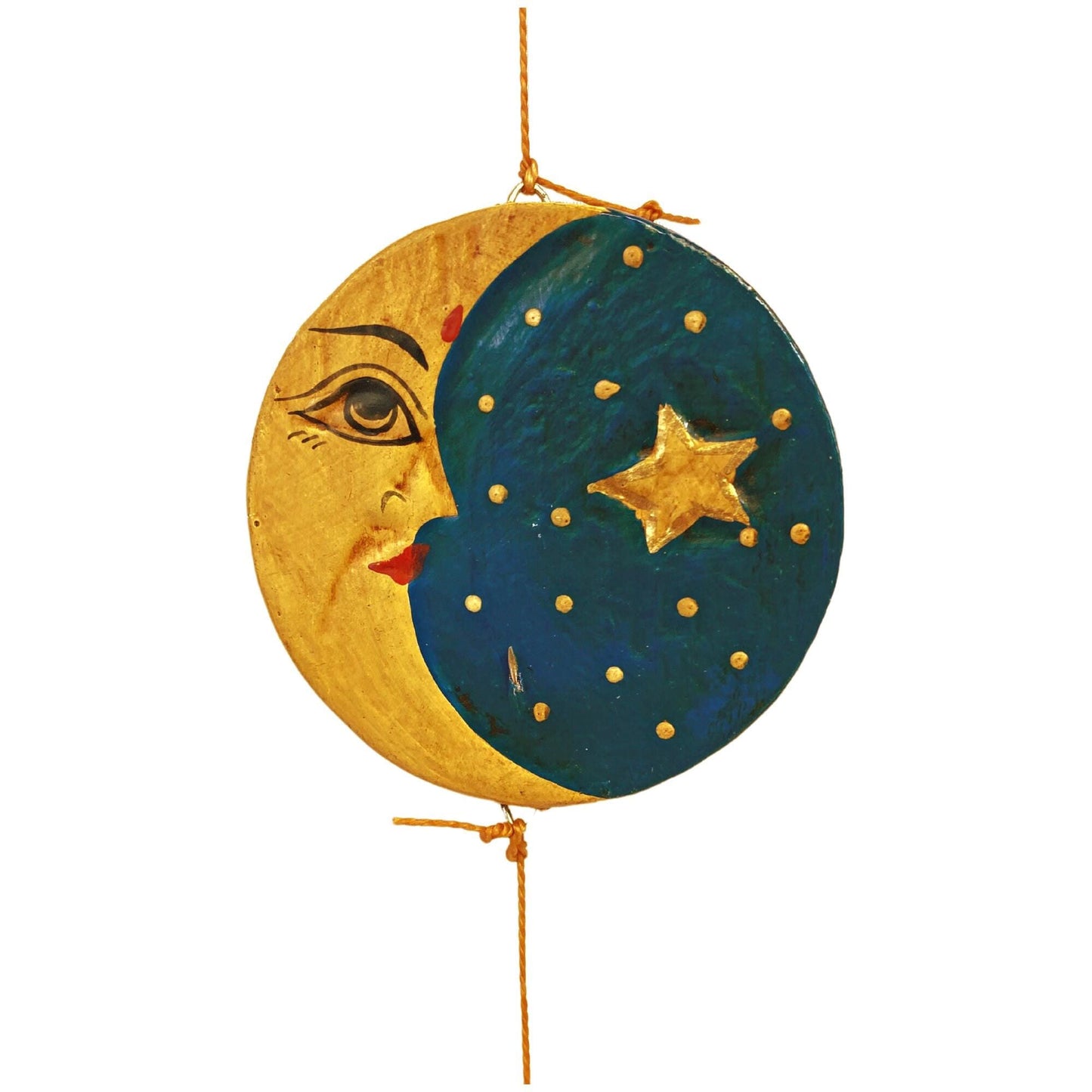 Vintage Style Celestial Mobile, Sun Moon Stars, Hand Carved Painted Wood, Balinese Folk Art