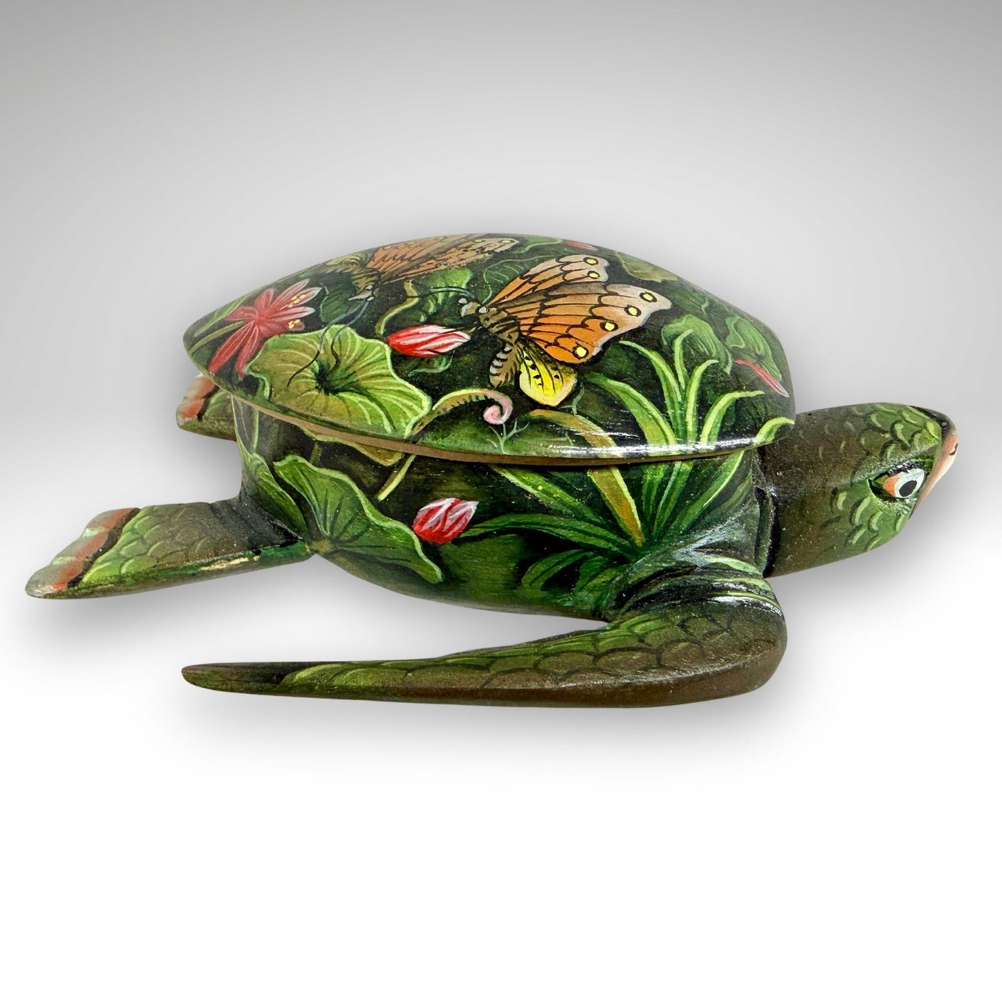 Sea Turtle Jewelry Box - Hand Carved Wood & Painted Trinket Box - Balinese Art