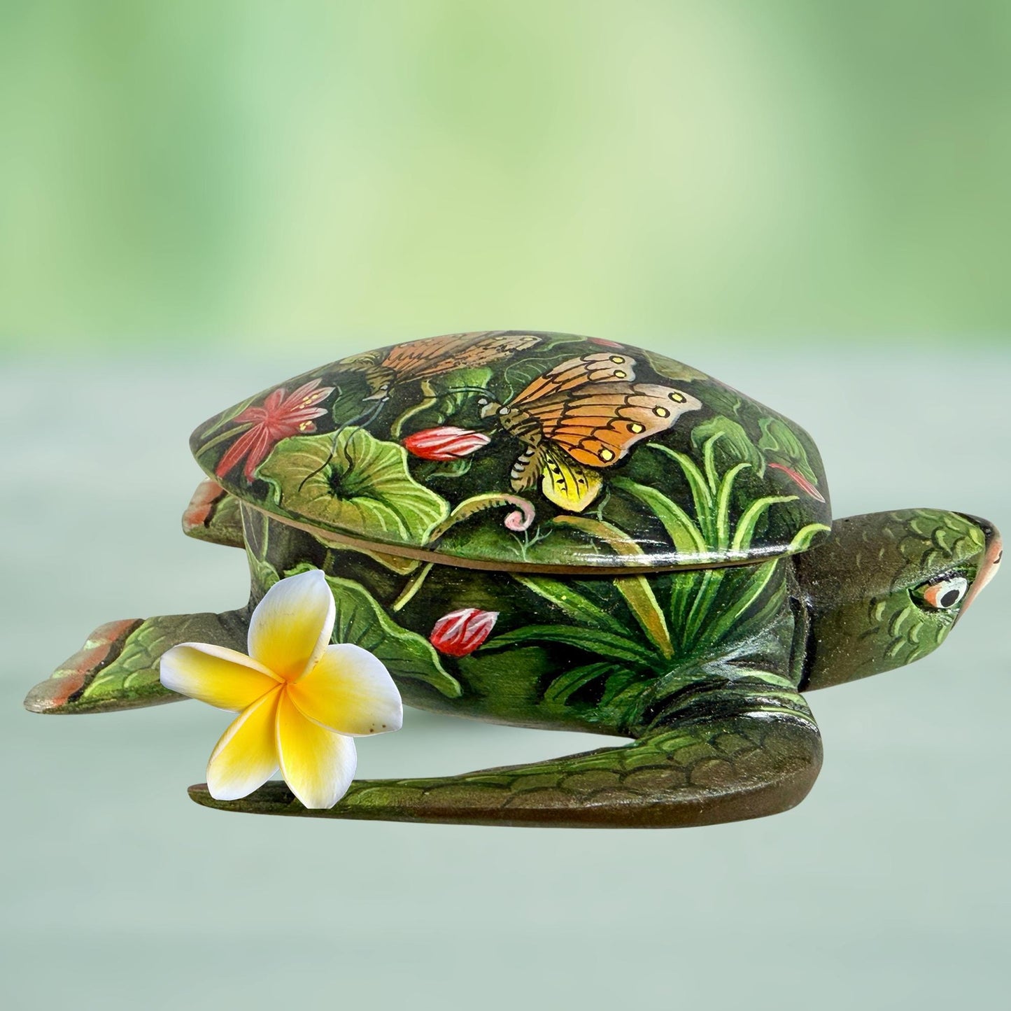 Sea Turtle Jewelry Box - Hand Carved Wood & Painted Trinket Box - Balinese Art