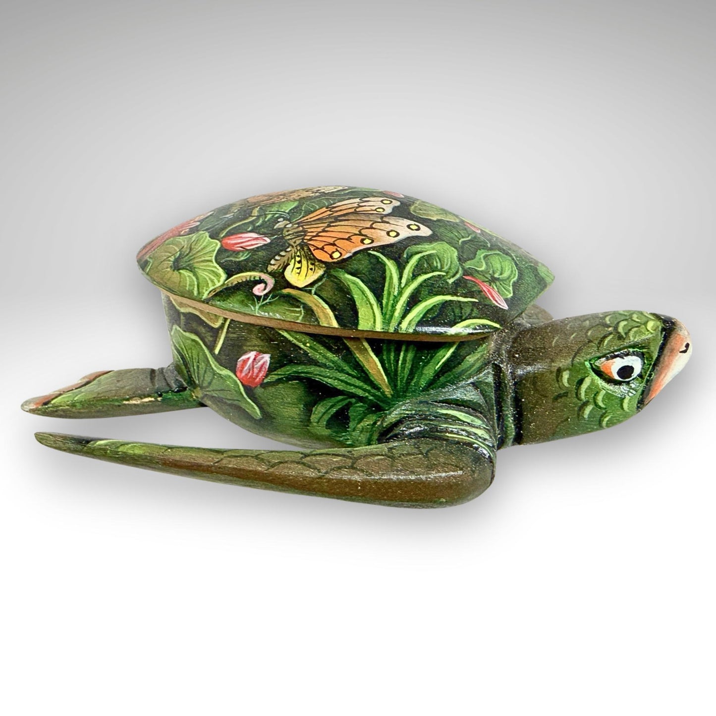 Sea Turtle Jewelry Box - Hand Carved Wood & Painted Trinket Box - Balinese Art