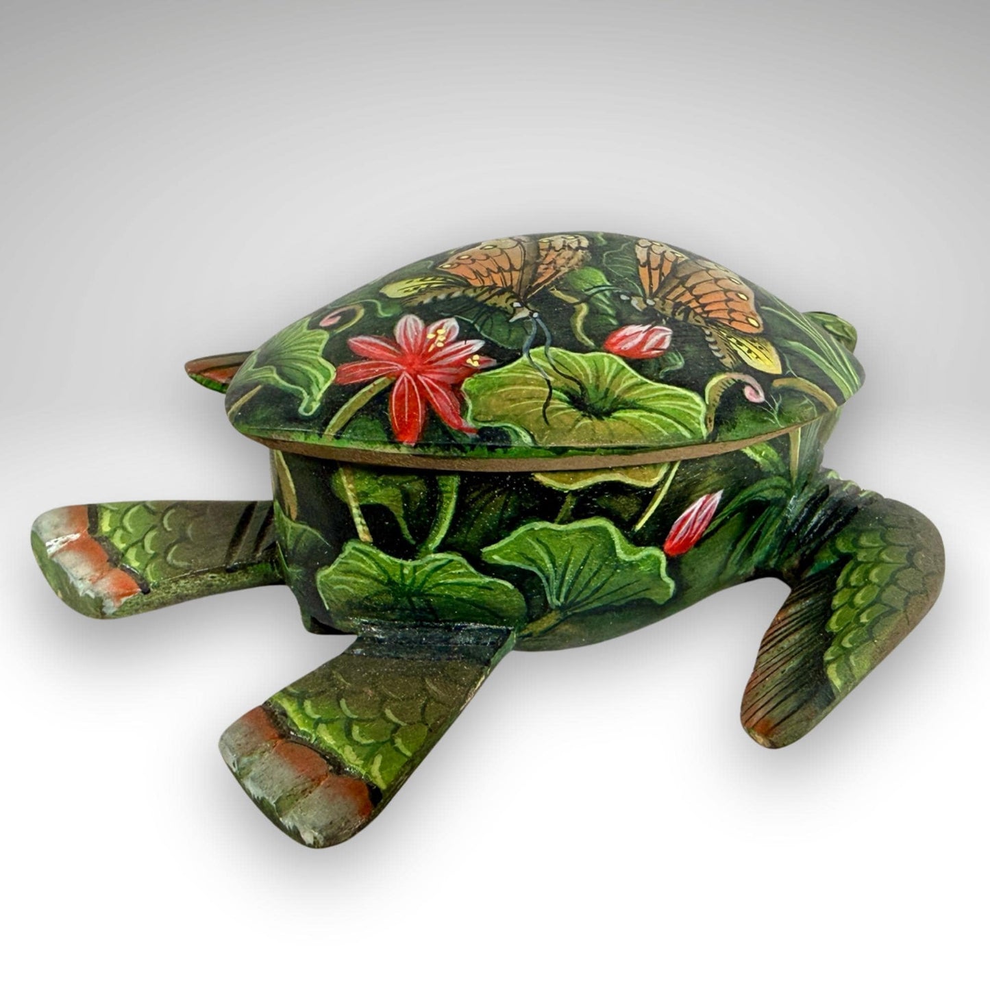 Sea Turtle Jewelry Box - Hand Carved Wood & Painted Trinket Box - Balinese Art