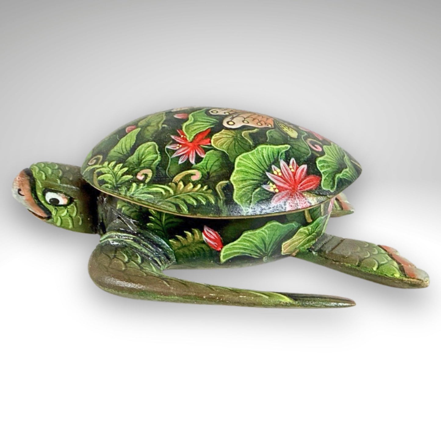 Sea Turtle Jewelry Box - Hand Carved Wood & Painted Trinket Box - Balinese Art