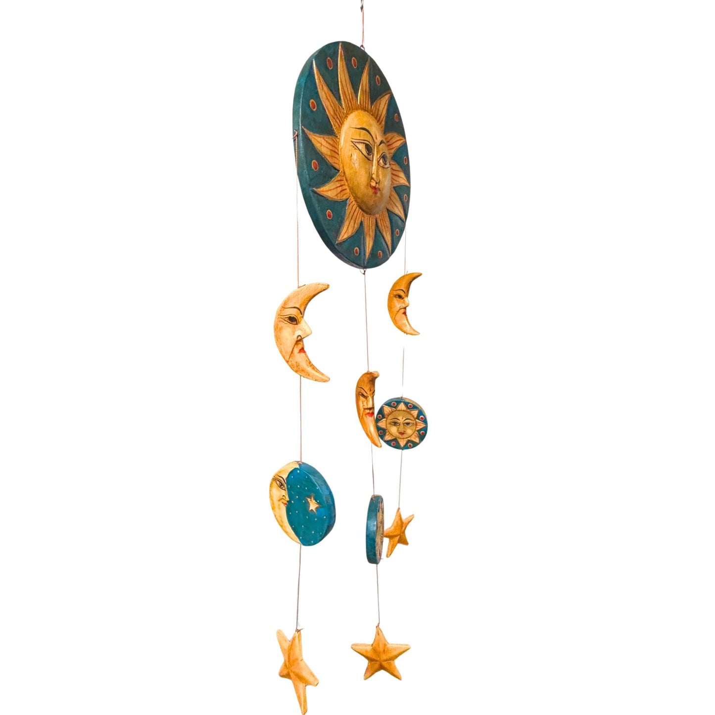 Vintage Style Celestial Mobile, Sun Moon Stars, Hand Carved Painted Wood, Balinese Folk Art