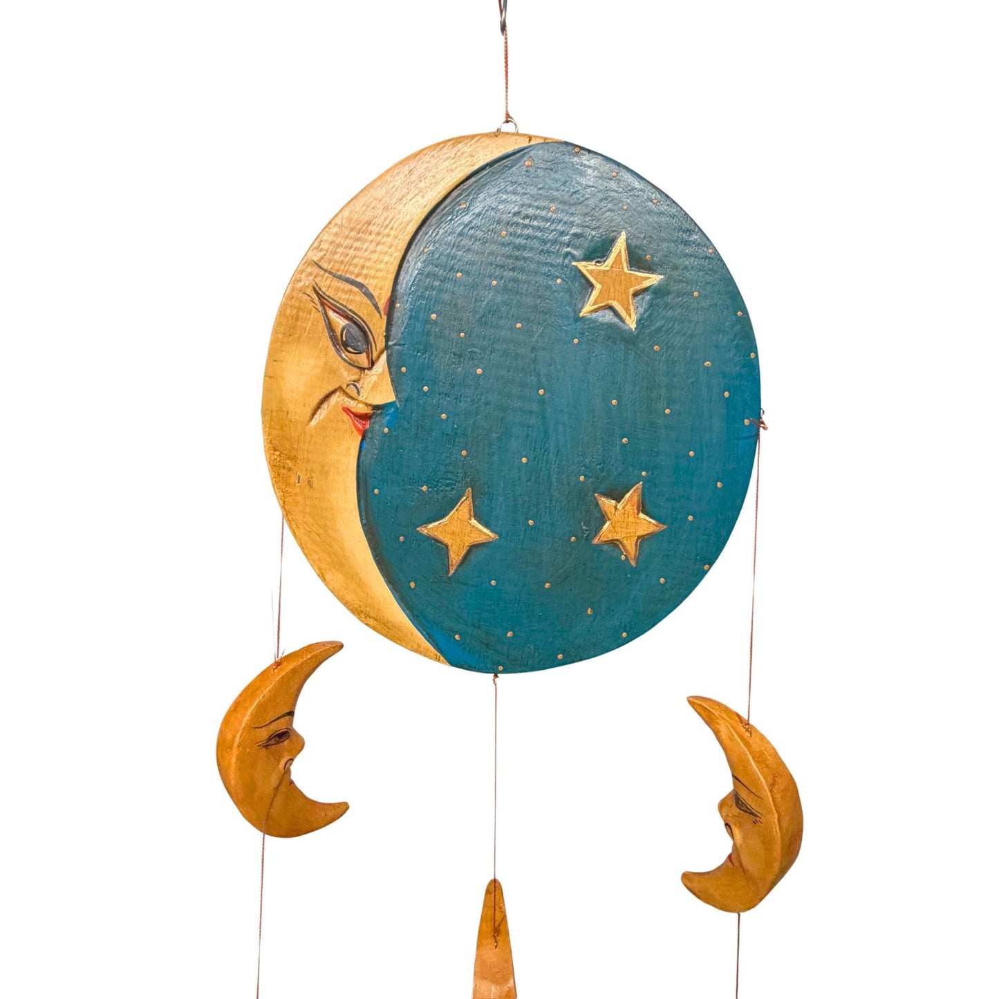 Vintage Style Celestial Mobile, Sun Moon Stars, Hand Carved Painted Wood, Balinese Folk Art