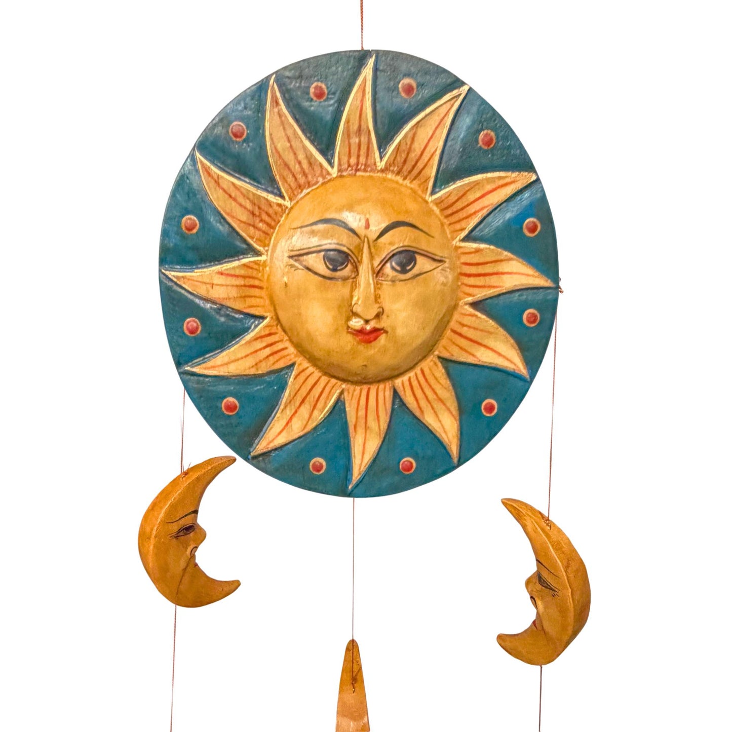 Vintage Style Celestial Mobile, Sun Moon Stars, Hand Carved Painted Wood, Balinese Folk Art