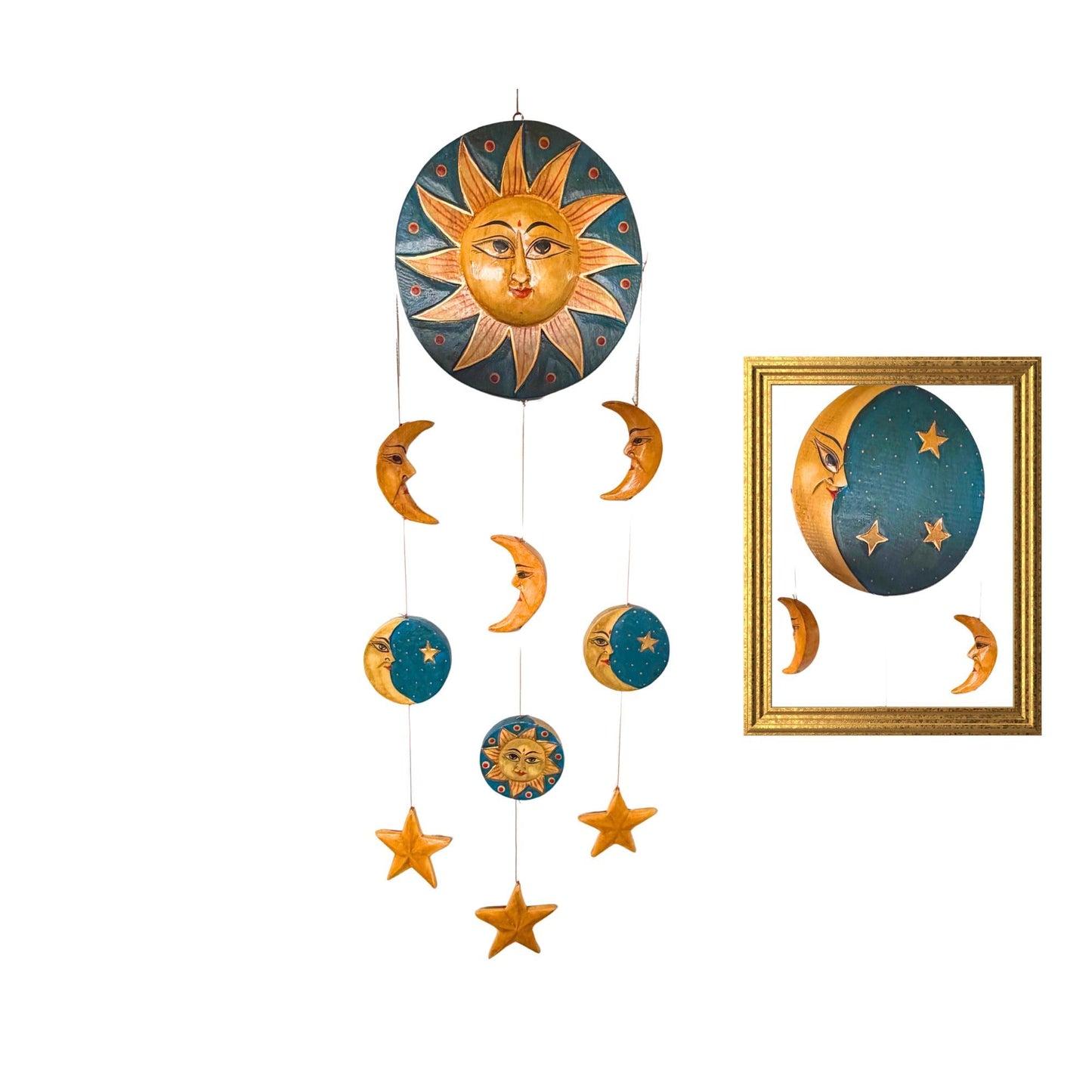 Vintage Style Celestial Mobile, Sun Moon Stars, Hand Carved Painted Wood, Balinese Folk Art