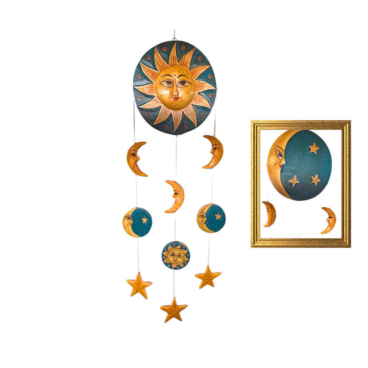 Vintage Style Celestial Mobile, Sun Moon Stars, Hand Carved Painted Wood, Balinese Folk Art - Acadia World Traders