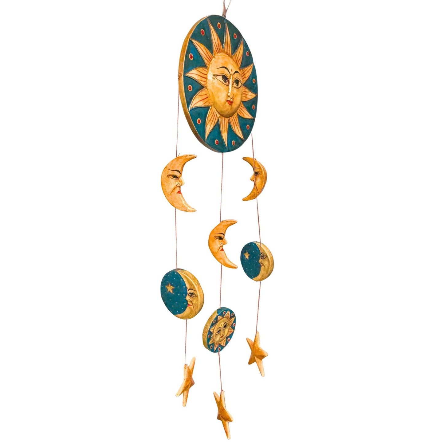 Vintage Style Celestial Mobile, Sun Moon Stars, Hand Carved Painted Wood, Balinese Folk Art