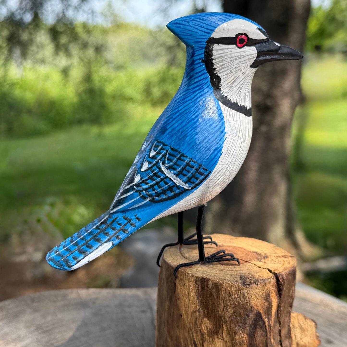 Hand Carved Blue Jay Wood Sculpture: Forest Bird Wildlife Art