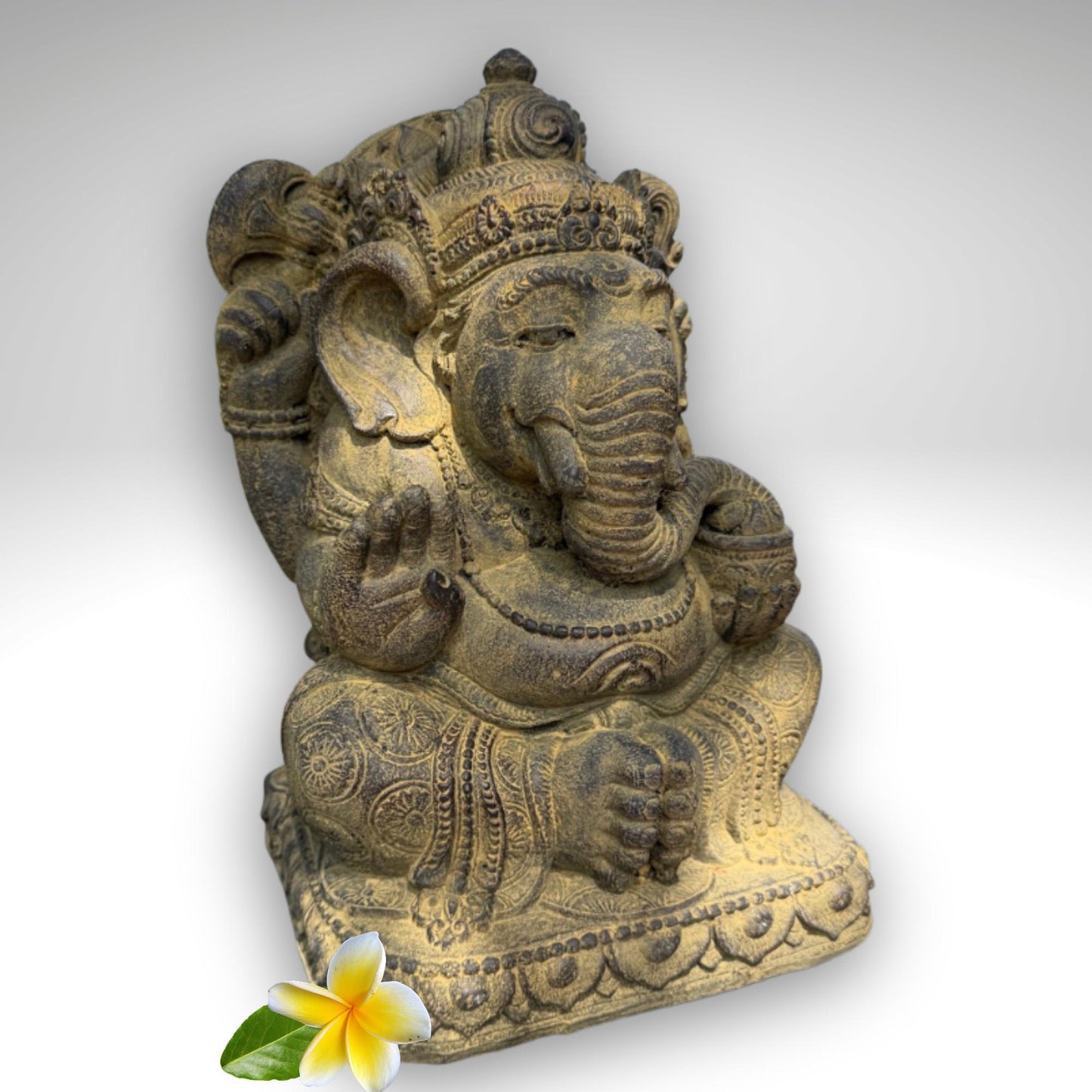 Chubby Ganesha Garden Statue: Lotus Pose,  Cast Stone Garden Sculpture, Balinese Art