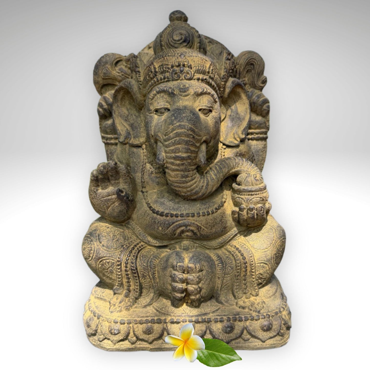 Chubby Ganesha Garden Statue: Lotus Pose,  Cast Stone Garden Sculpture, Balinese Art