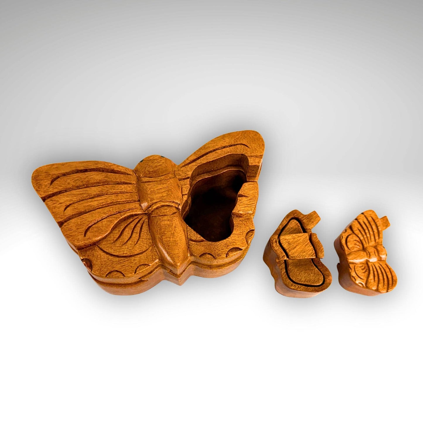 Hand Carved Double Butterfly Secret Puzzle Box: Wood Trinket Stash Box