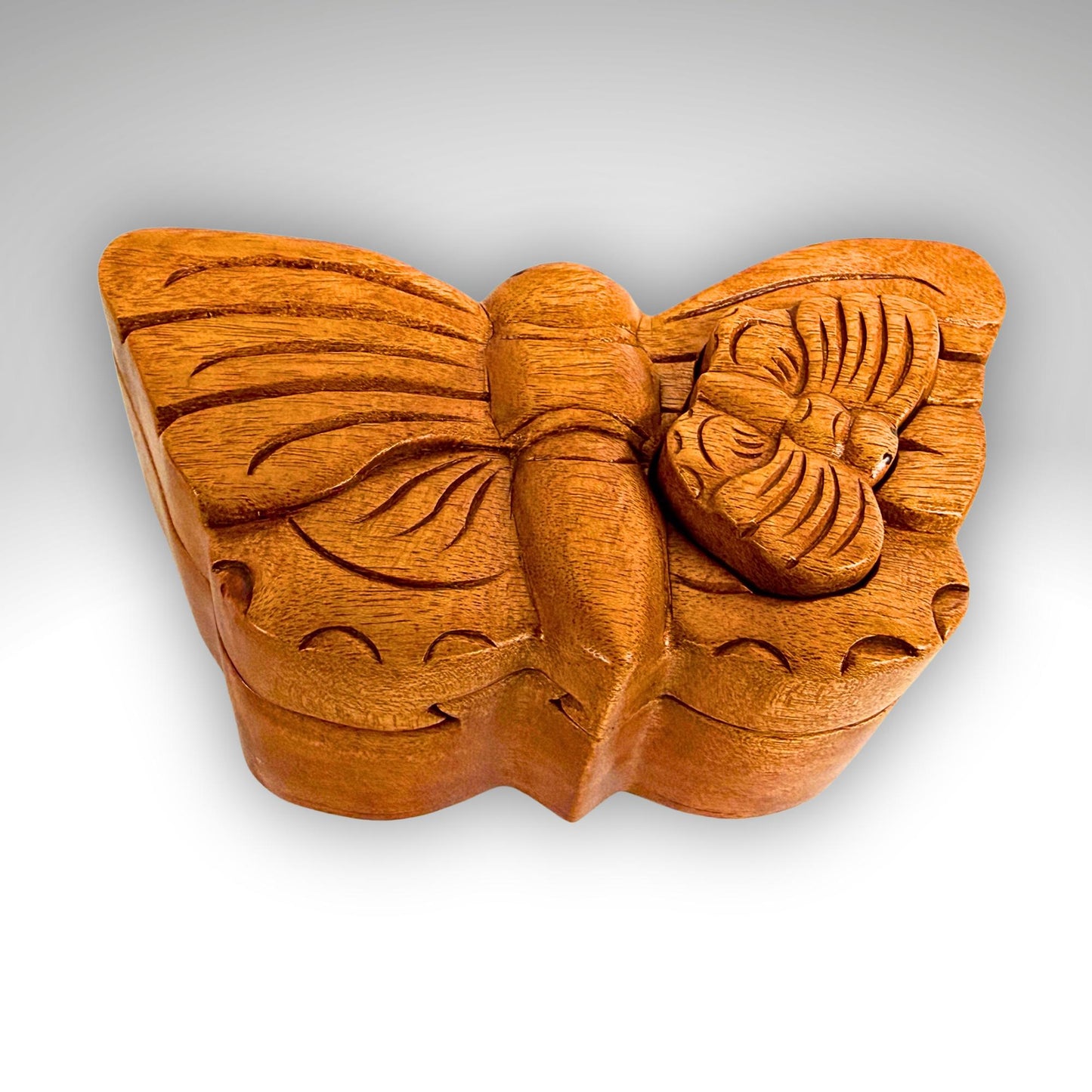 Hand Carved Double Butterfly Secret Puzzle Box: Wood Trinket Stash Box