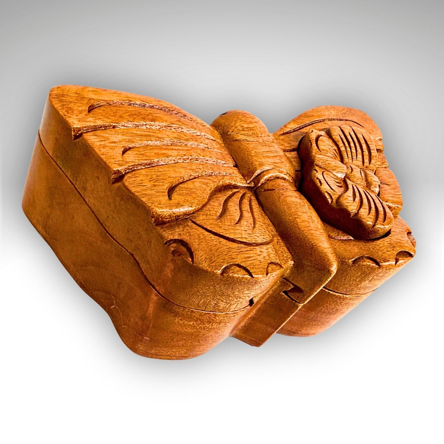 Hand Carved Double Butterfly Secret Puzzle Box: Wood Trinket Stash Box