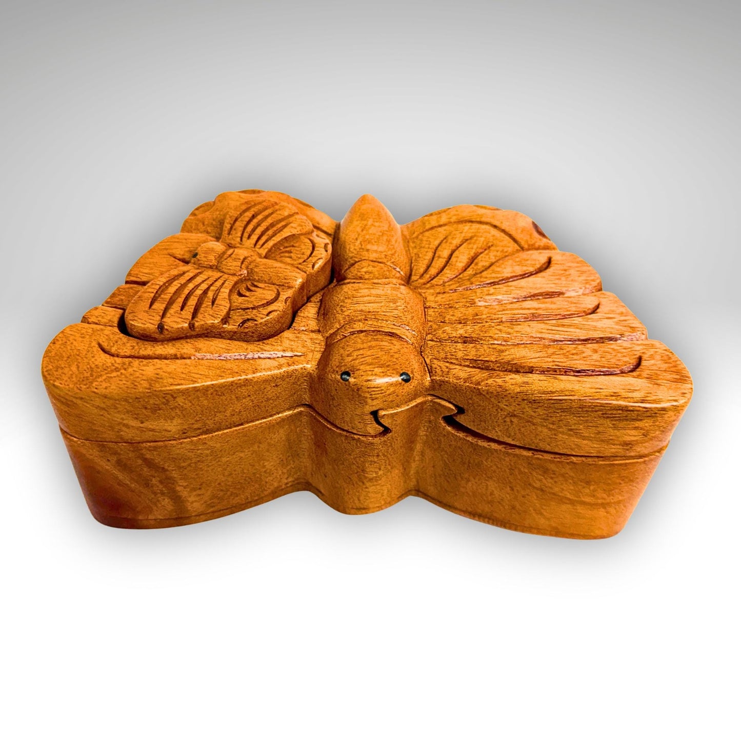 Hand Carved Double Butterfly Secret Puzzle Box: Wood Trinket Stash Box