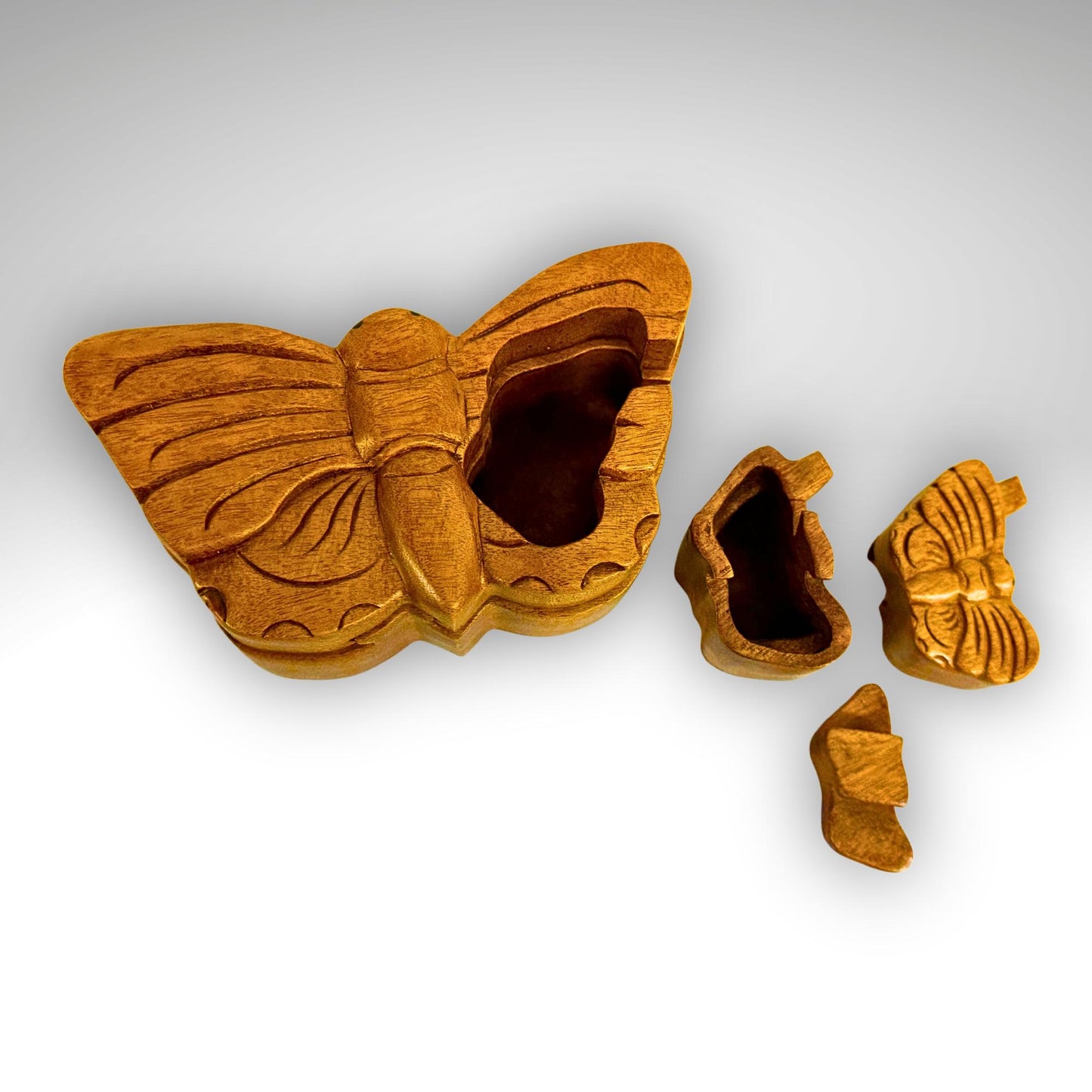 Hand Carved Double Butterfly Secret Puzzle Box: Wood Trinket Stash Box