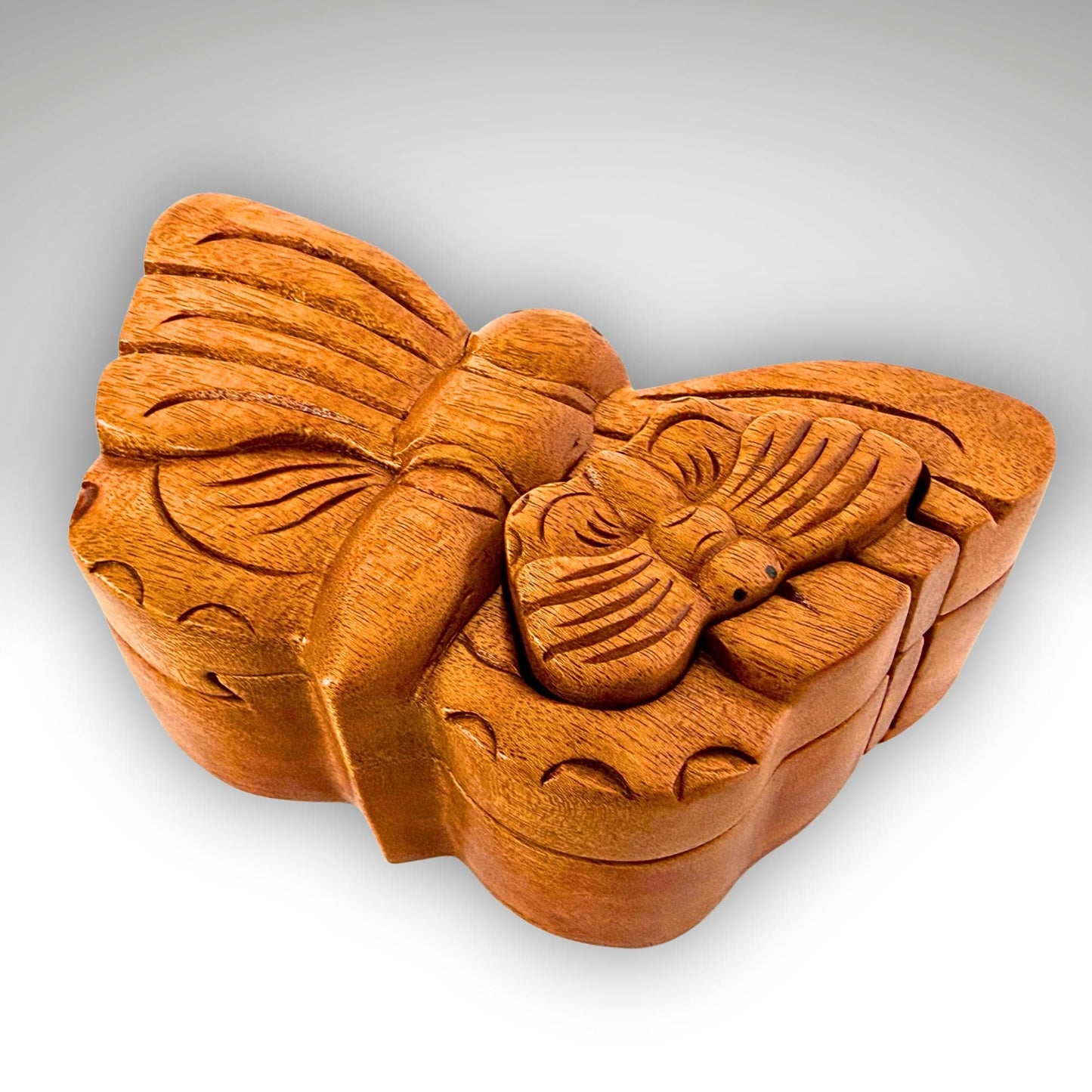 Hand Carved Double Butterfly Secret Puzzle Box: Wood Trinket Stash Box