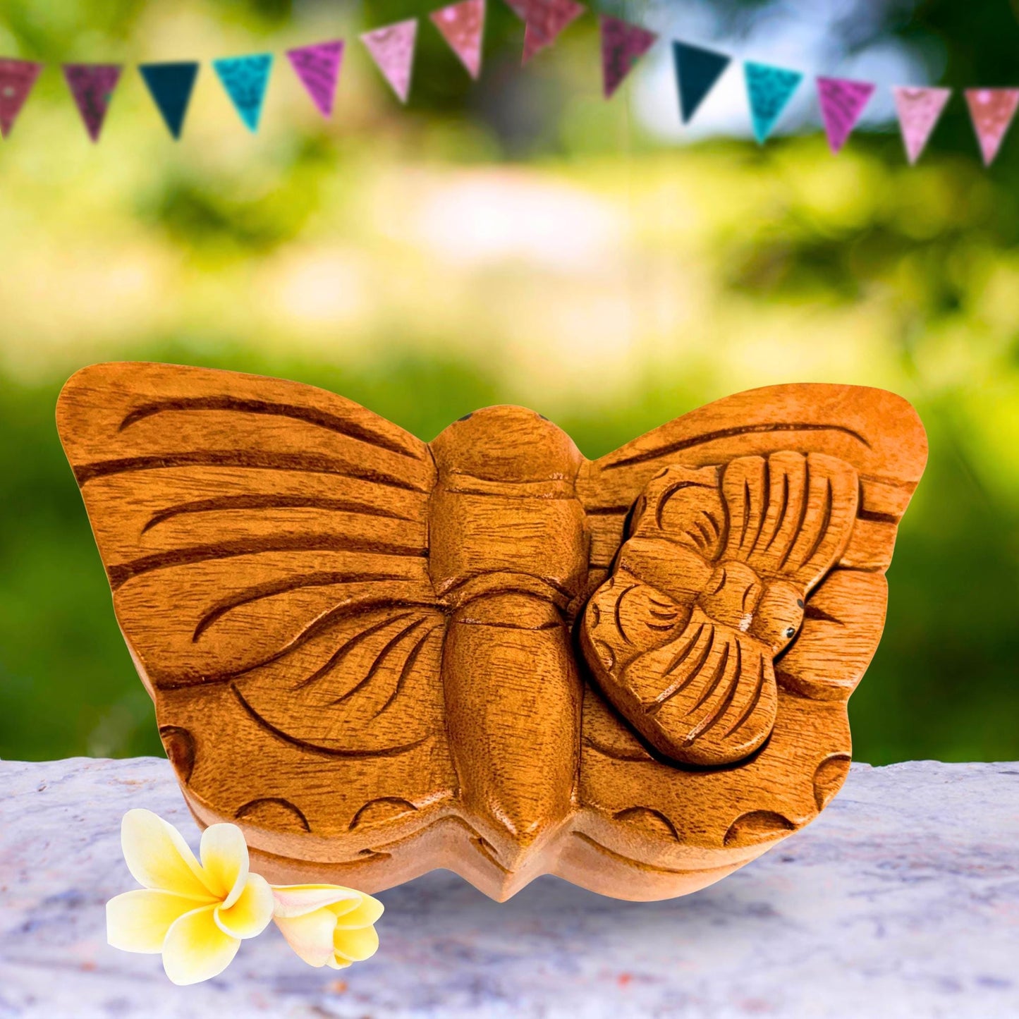 Hand Carved Double Butterfly Secret Puzzle Box: Wood Trinket Stash Box