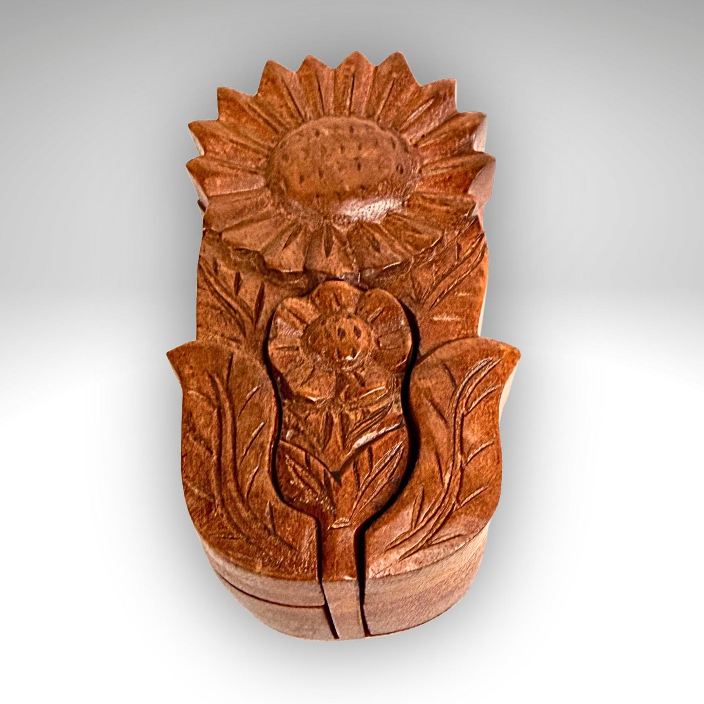 Hand Carved Double Sunflower Secret Box: Wood Puzzle Stash Box