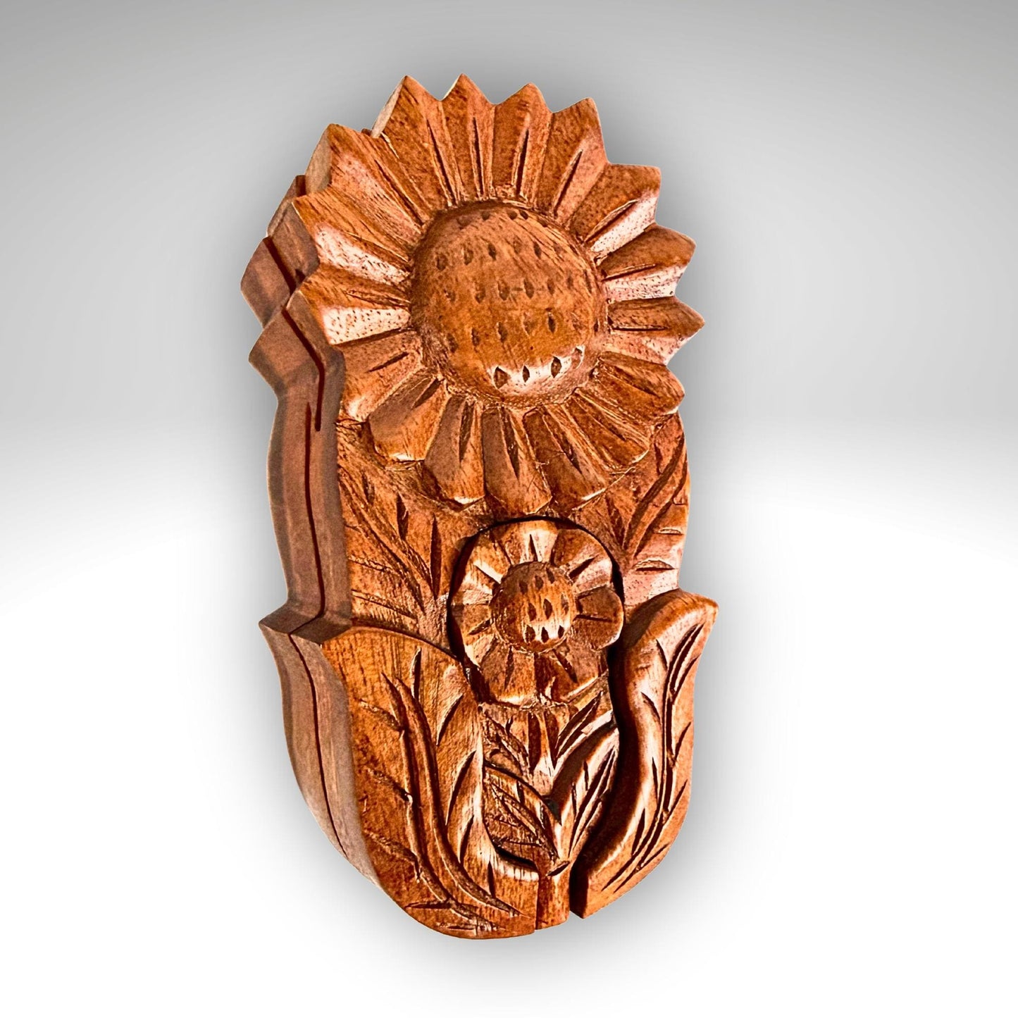 Hand Carved Double Sunflower Secret Box: Wood Puzzle Stash Box