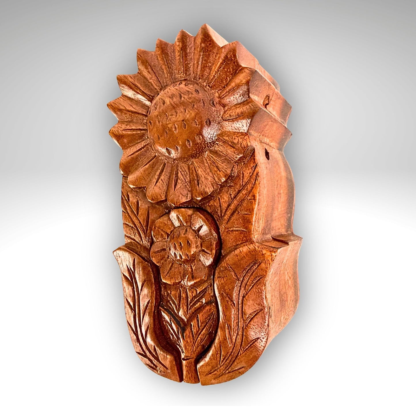 Hand Carved Double Sunflower Secret Box: Wood Puzzle Stash Box