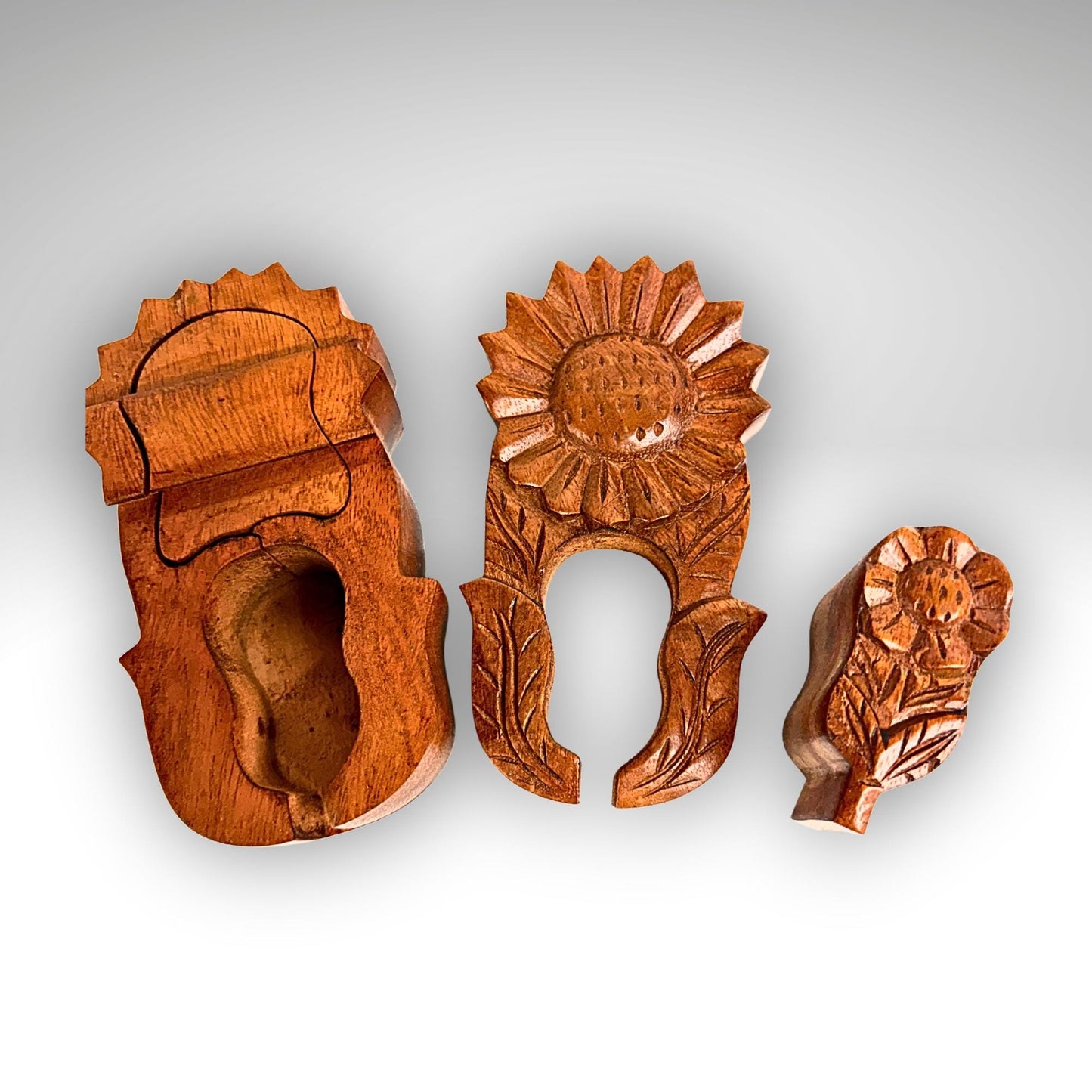 Hand Carved Double Sunflower Secret Box: Wood Puzzle Stash Box