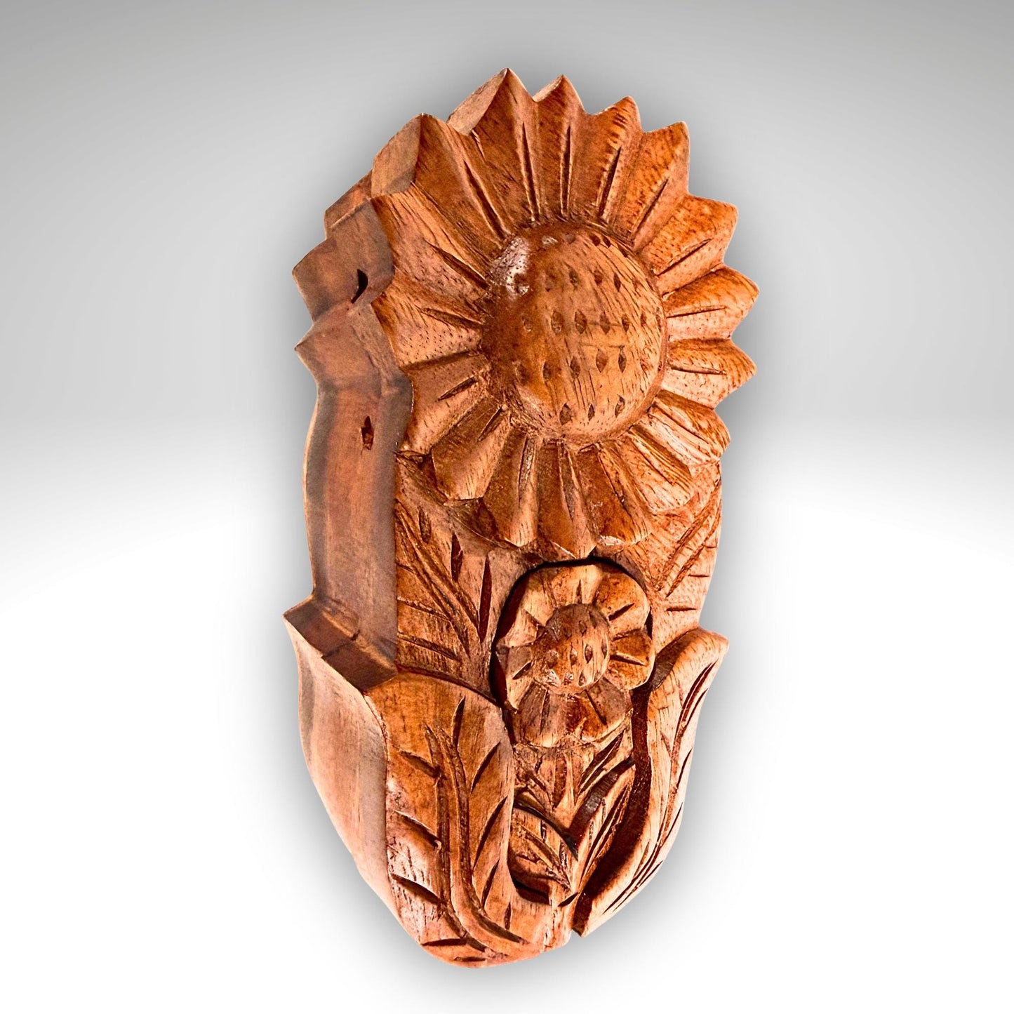 Hand Carved Double Sunflower Secret Box: Wood Puzzle Stash Box