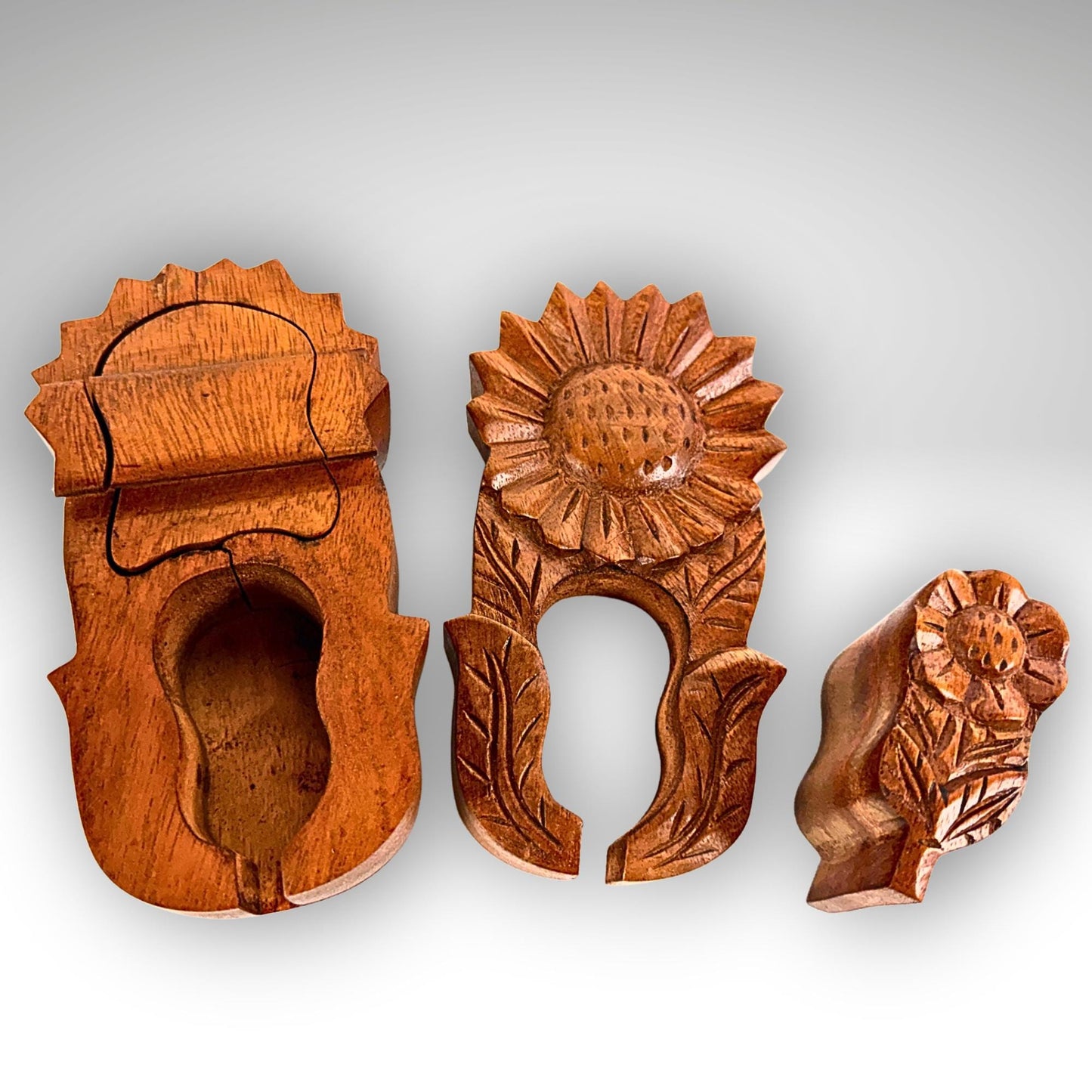 Hand Carved Double Sunflower Secret Box: Wood Puzzle Stash Box