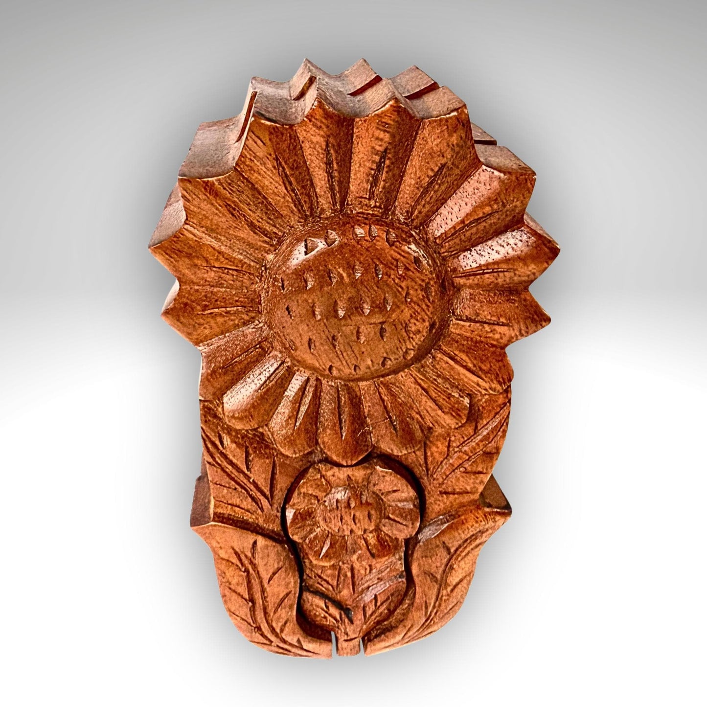 Hand Carved Double Sunflower Secret Box: Wood Puzzle Stash Box