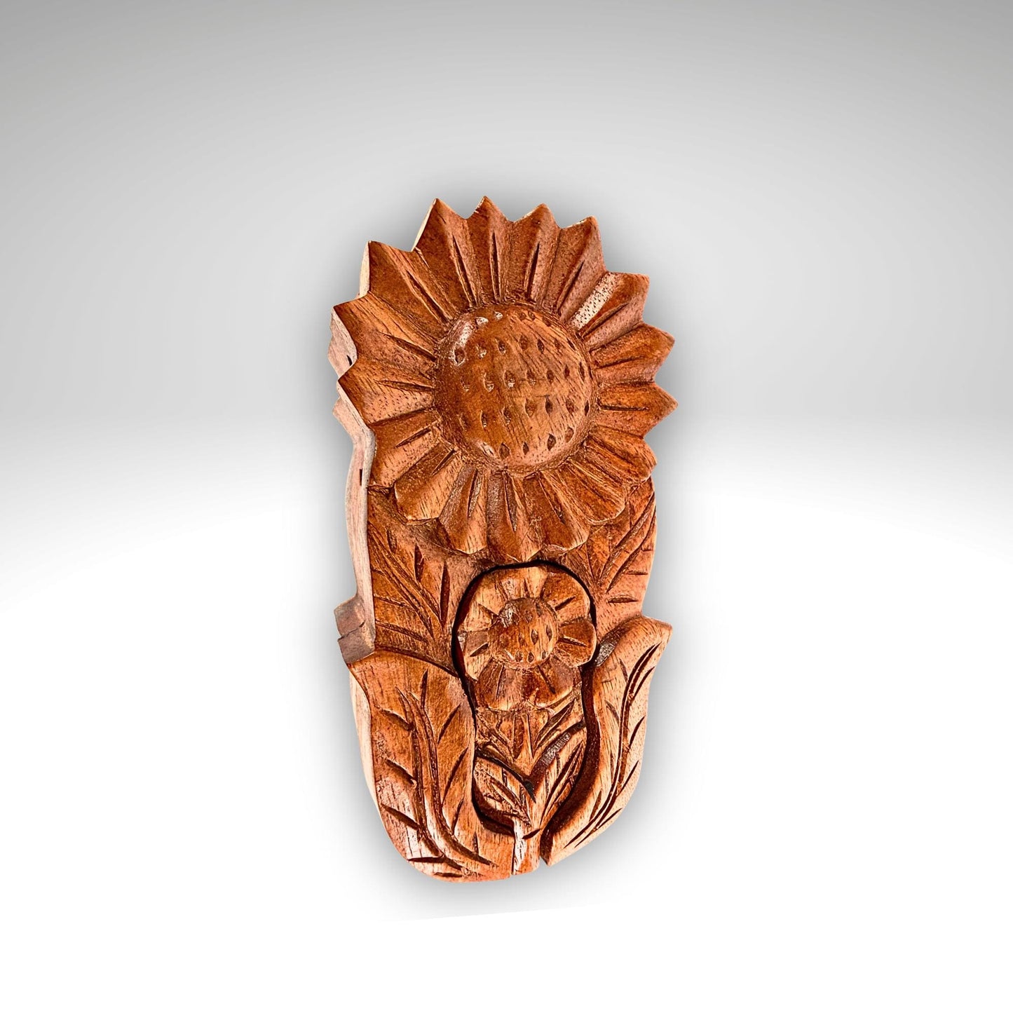 Hand Carved Double Sunflower Secret Box: Wood Puzzle Stash Box