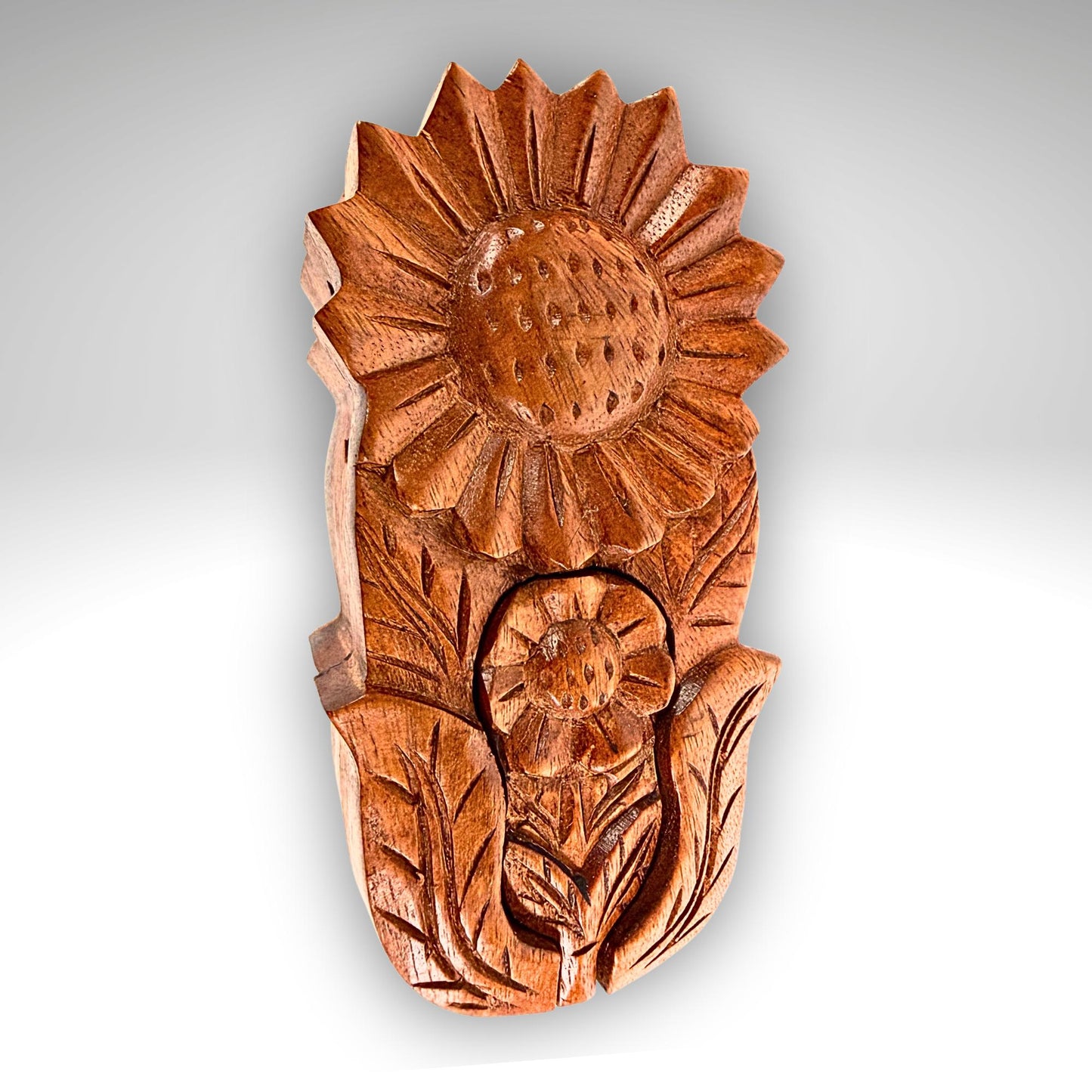 Hand Carved Double Sunflower Secret Box: Wood Puzzle Stash Box