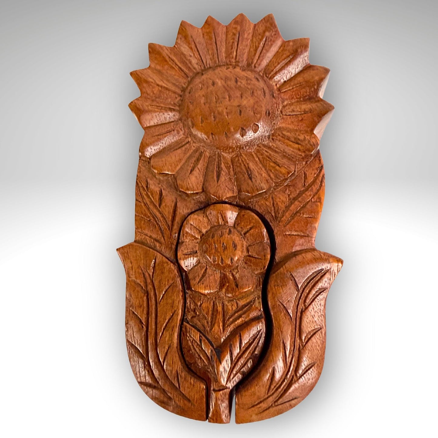 Hand Carved Double Sunflower Secret Box: Wood Puzzle Stash Box