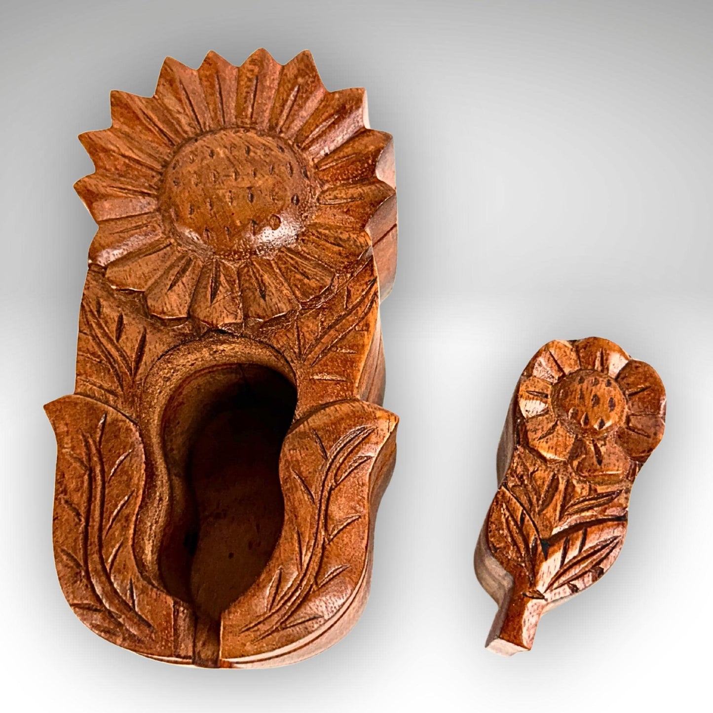 Hand Carved Double Sunflower Secret Box: Wood Puzzle Stash Box