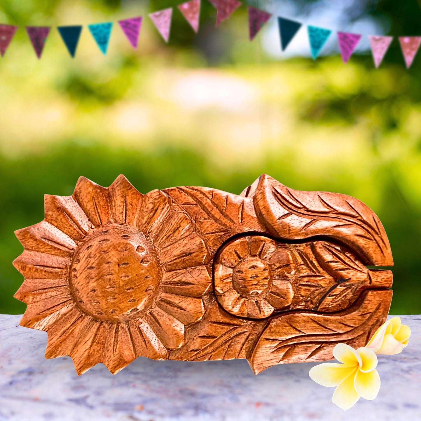 Hand Carved Double Sunflower Secret Box: Wood Puzzle Stash Box