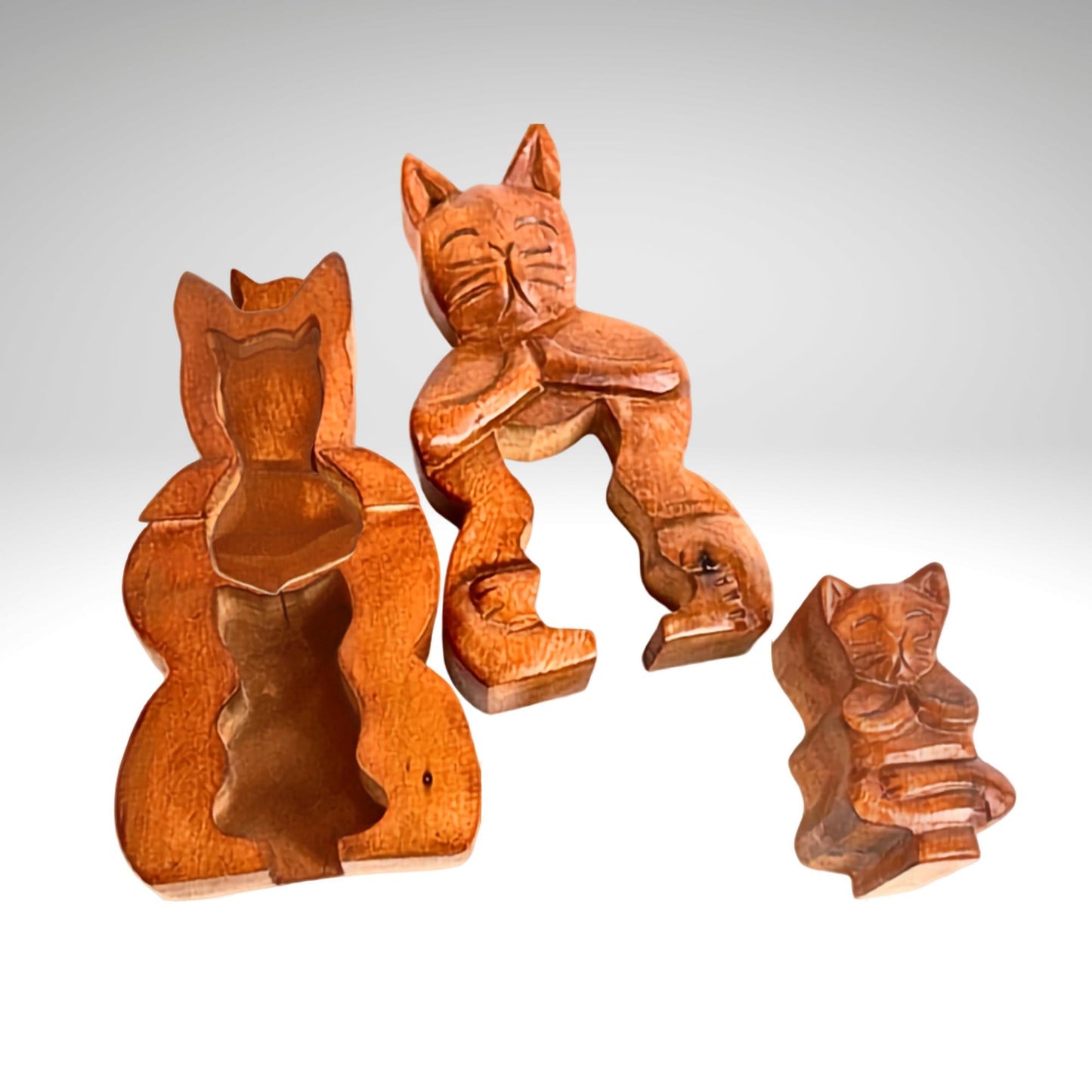 Namaste Yoga Cat w/Baby Secret puzzle Box Stash Trinket carved wood Bali Art