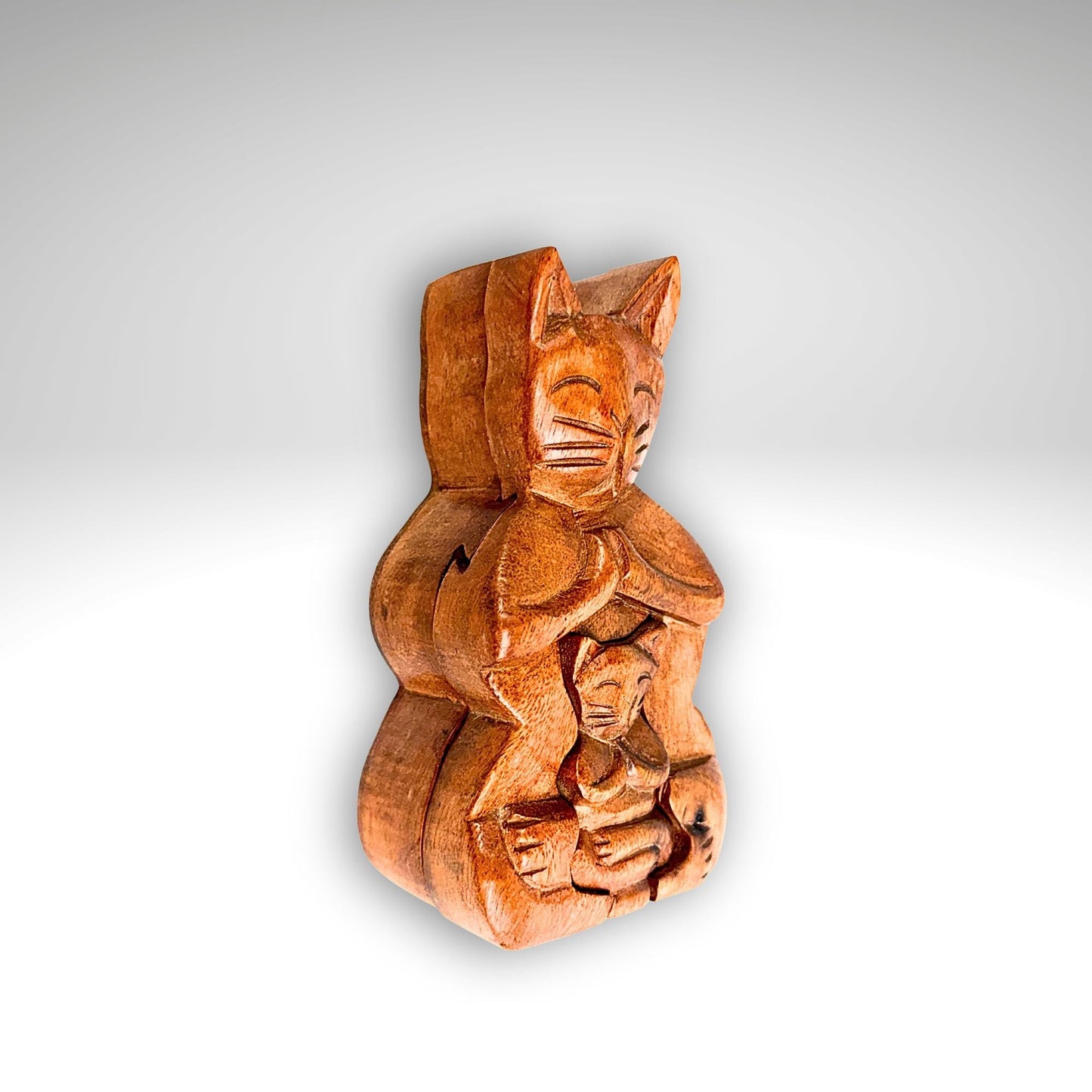 Namaste Yoga Cat w/Baby Secret puzzle Box Stash Trinket carved wood Bali Art