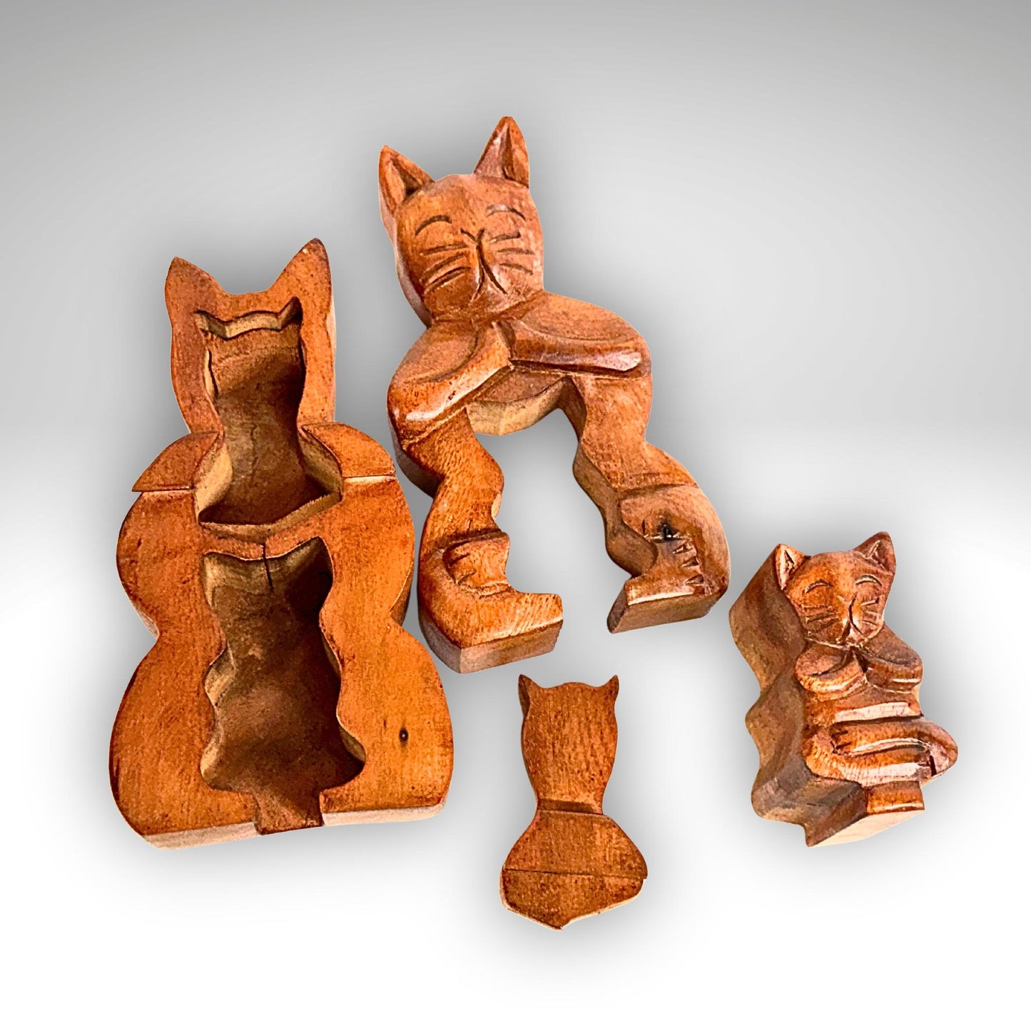 Namaste Yoga Cat w/Baby Secret puzzle Box Stash Trinket carved wood Bali Art