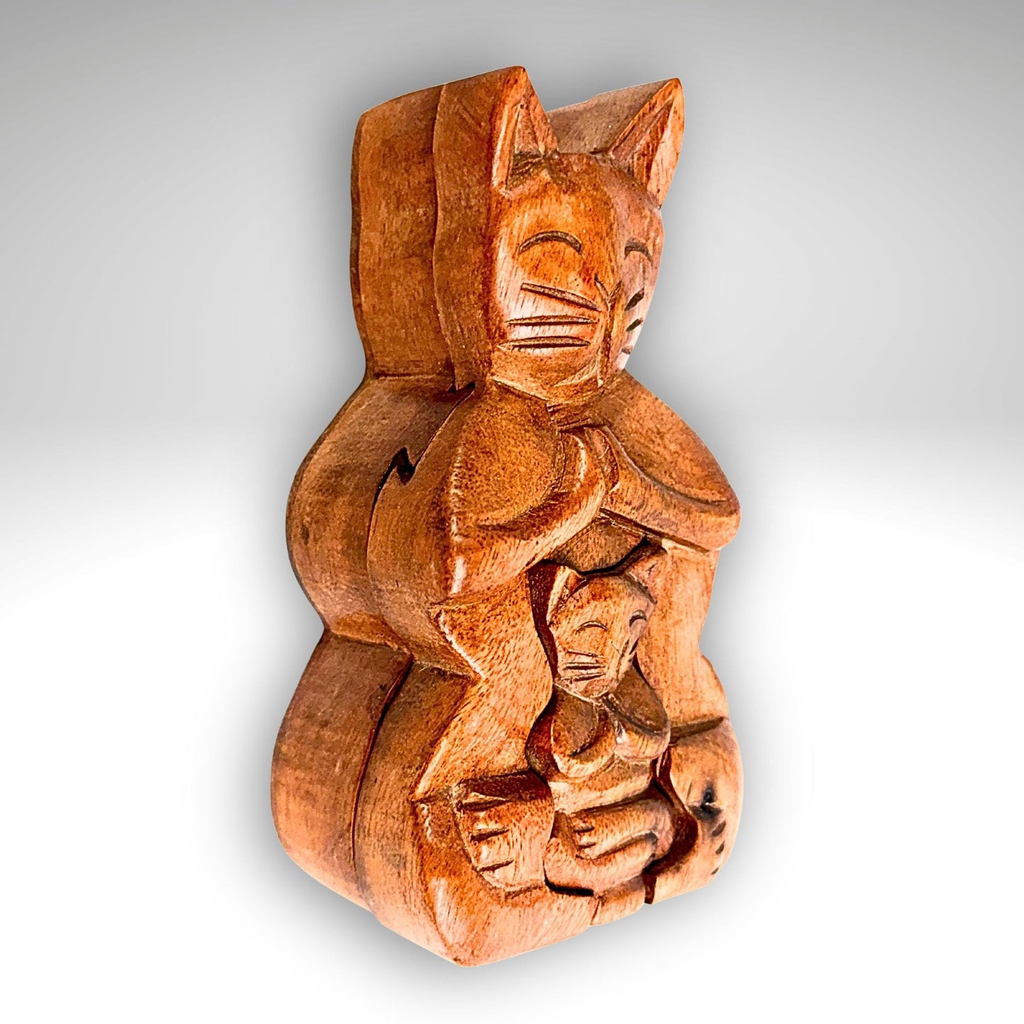 Namaste Yoga Cat w/Baby Secret puzzle Box Stash Trinket carved wood Bali Art