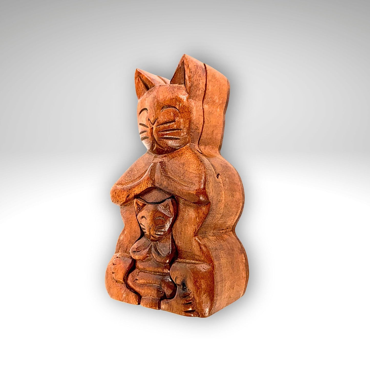 Namaste Yoga Cat w/Baby Secret puzzle Box Stash Trinket carved wood Bali Art