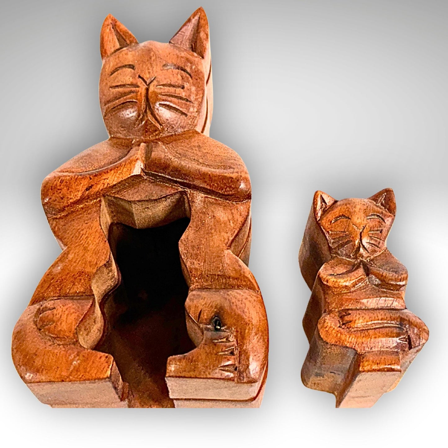 Namaste Yoga Cat w/Baby Secret puzzle Box Stash Trinket carved wood Bali Art