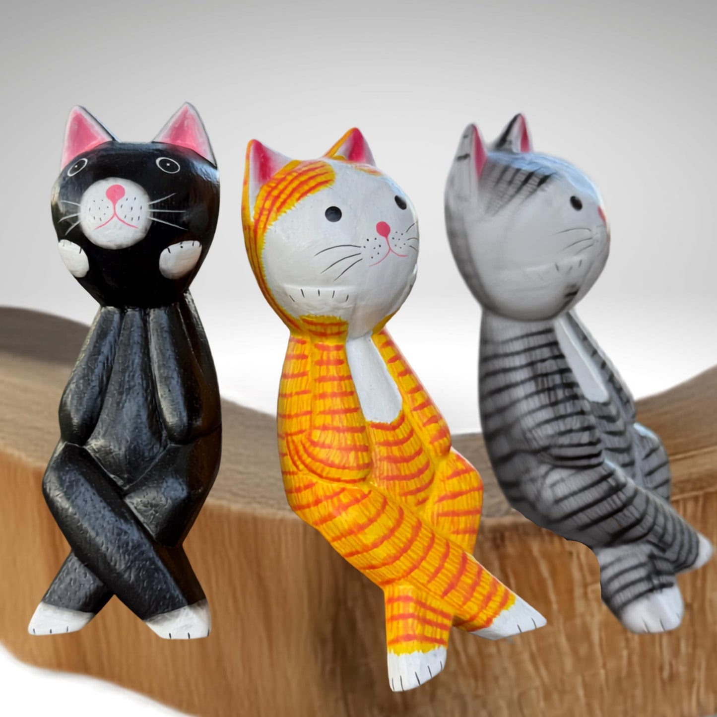 Surprised Cat Shelf Sitter Statue,  Hand Carved Wood & Colorfully Painted, Balinese Folk Art