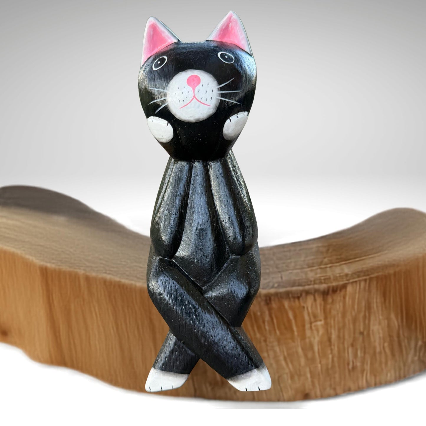 Surprised Cat Shelf Sitter Statue,  Hand Carved Wood & Colorfully Painted, Balinese Folk Art