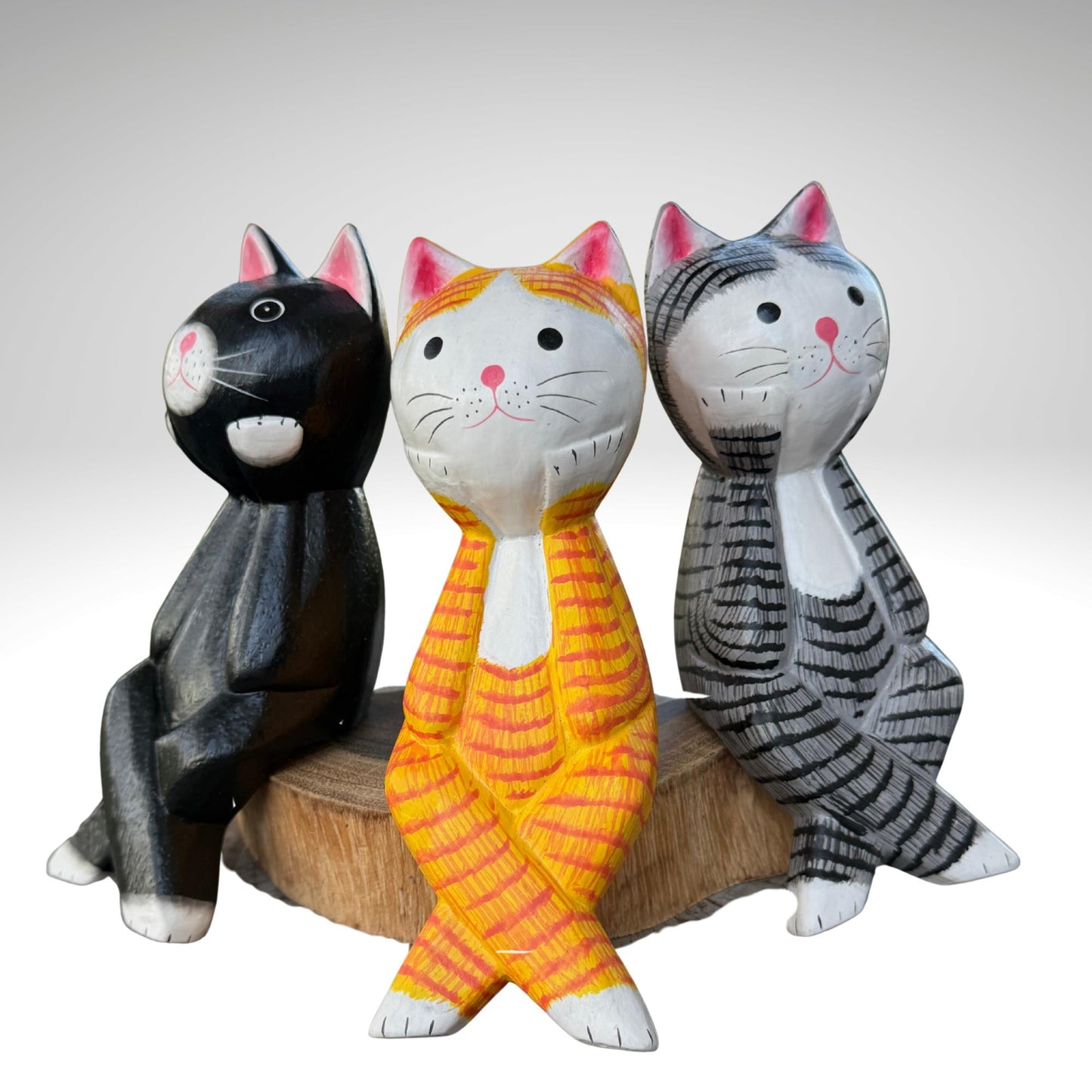 Surprised Cat Shelf Sitter Statue,  Hand Carved Wood & Colorfully Painted, Balinese Folk Art