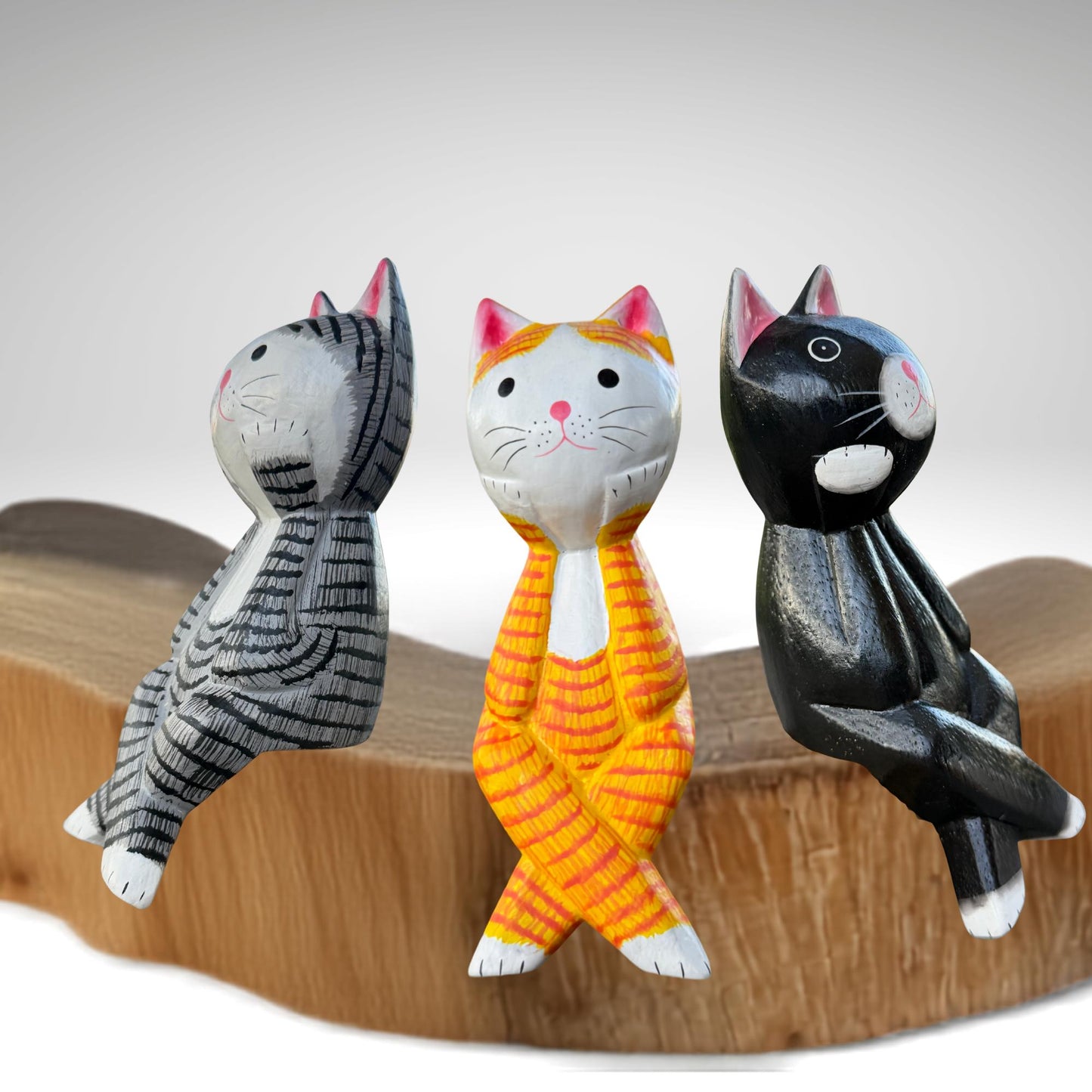 Surprised Cat Shelf Sitter Statue,  Hand Carved Wood & Colorfully Painted, Balinese Folk Art