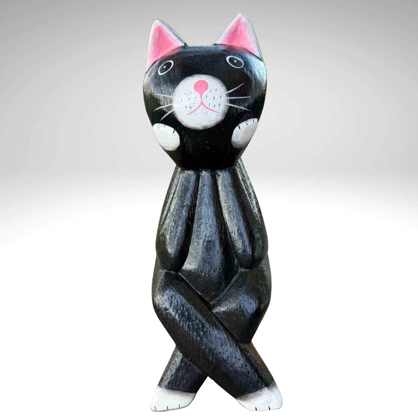 Surprised Cat Shelf Sitter Statue,  Hand Carved Wood & Colorfully Painted, Balinese Folk Art
