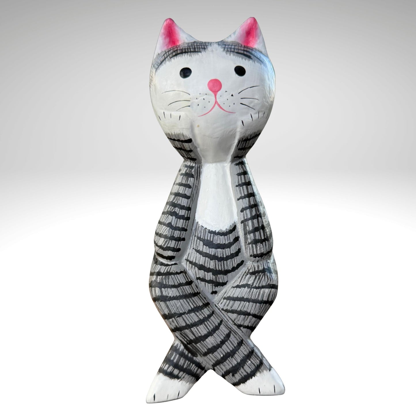 Surprised Cat Shelf Sitter Statue,  Hand Carved Wood & Colorfully Painted, Balinese Folk Art
