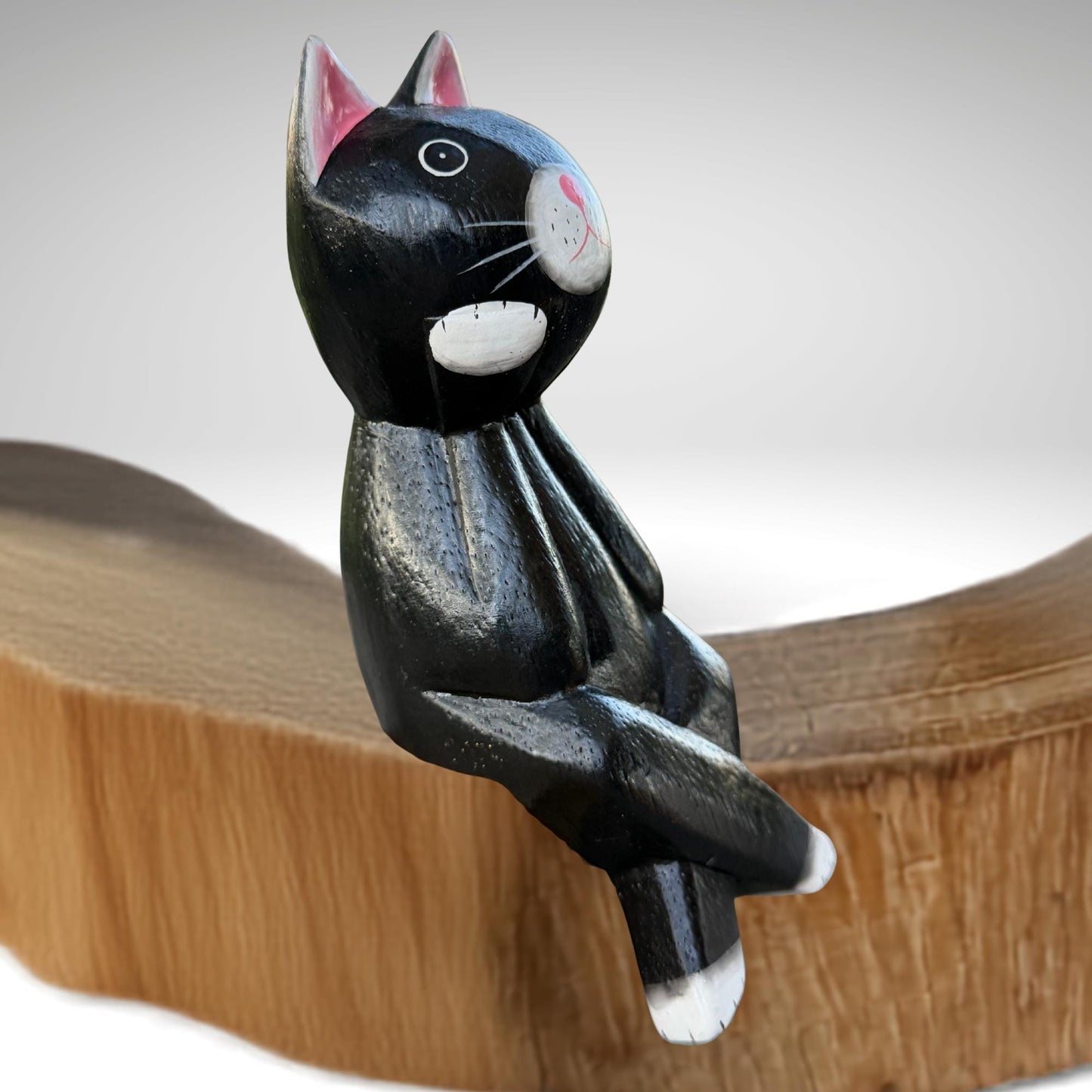 Surprised Cat Shelf Sitter Statue,  Hand Carved Wood & Colorfully Painted, Balinese Folk Art