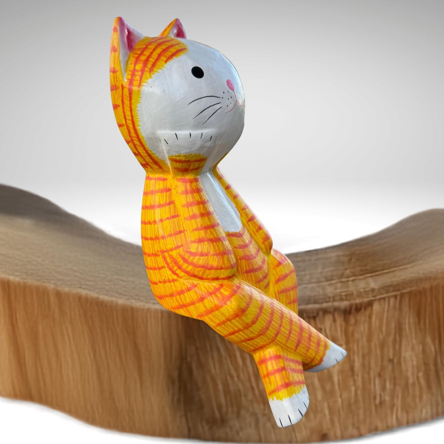 Surprised Cat Shelf Sitter Statue,  Hand Carved Wood & Colorfully Painted, Balinese Folk Art