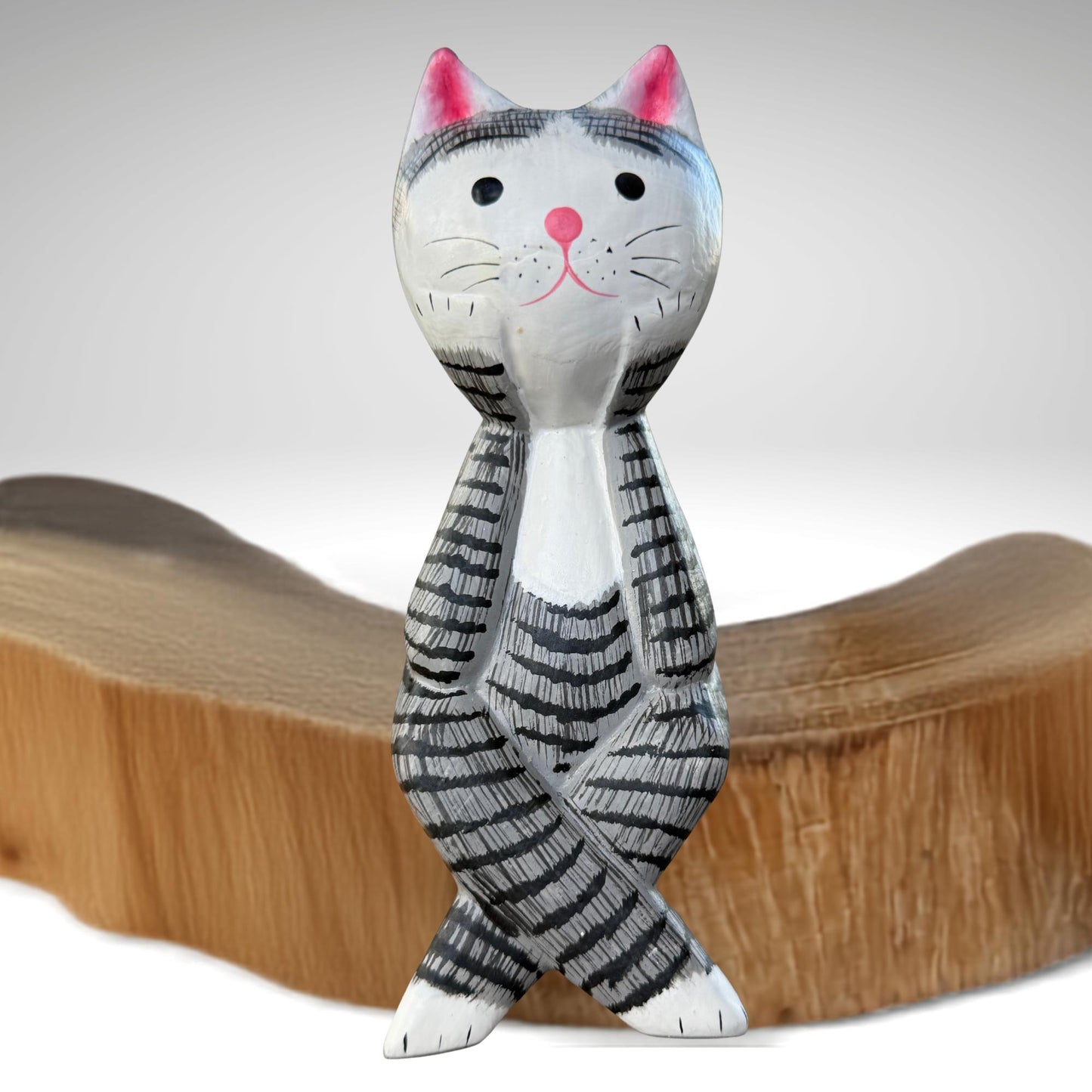 Surprised Cat Shelf Sitter Statue,  Hand Carved Wood & Colorfully Painted, Balinese Folk Art